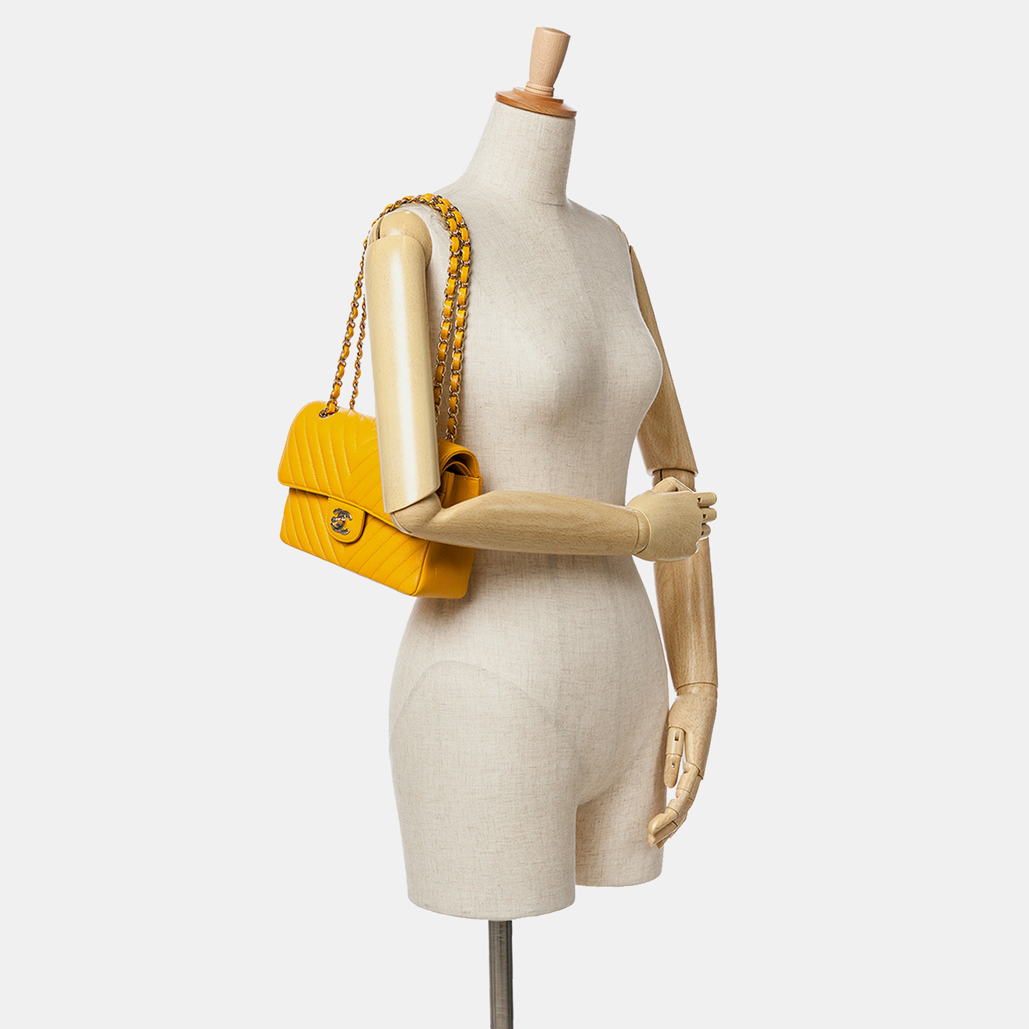 Chanel Yellow Small Classic Chevron Caviar Double Flap 