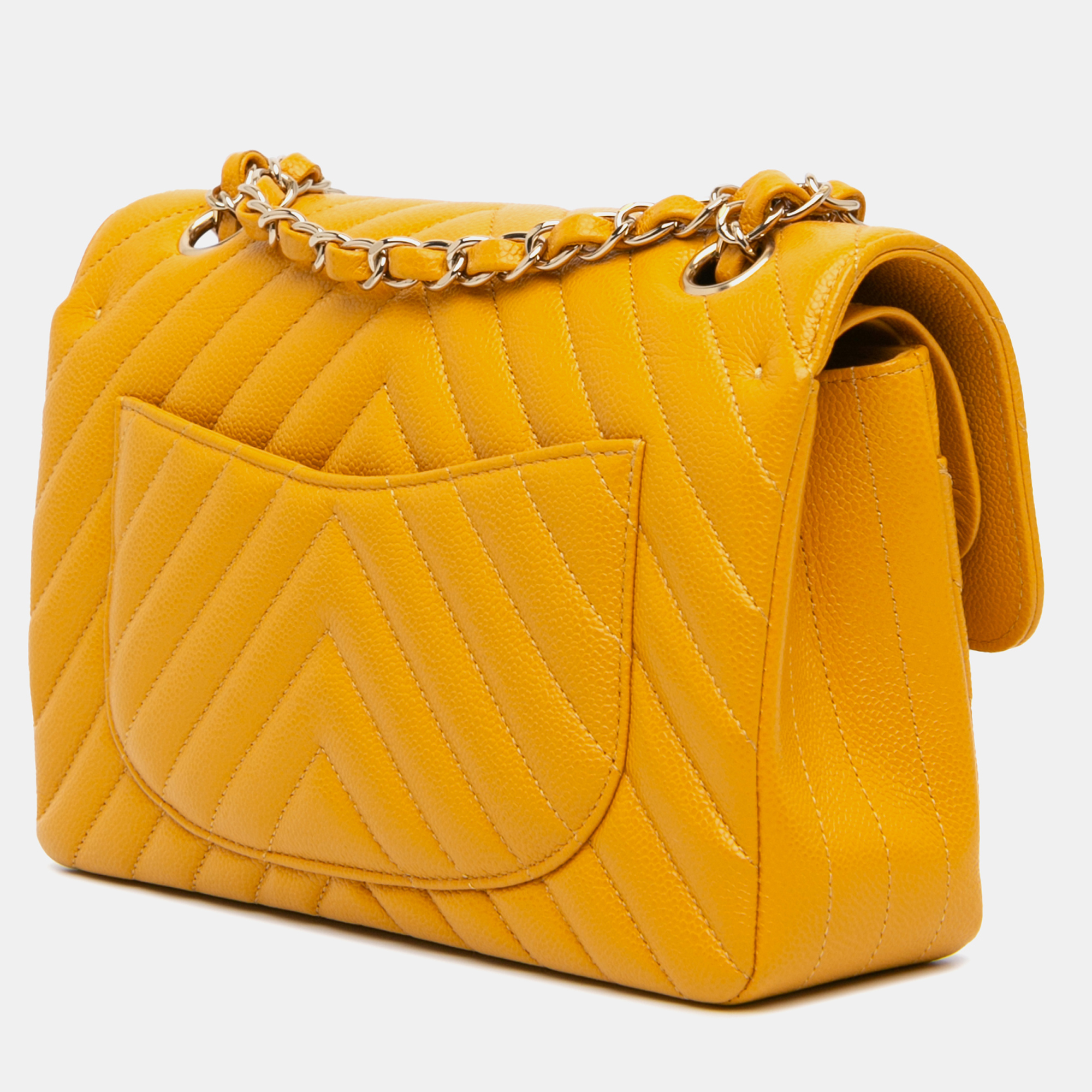 Chanel Yellow Small Classic Chevron Caviar Double Flap 