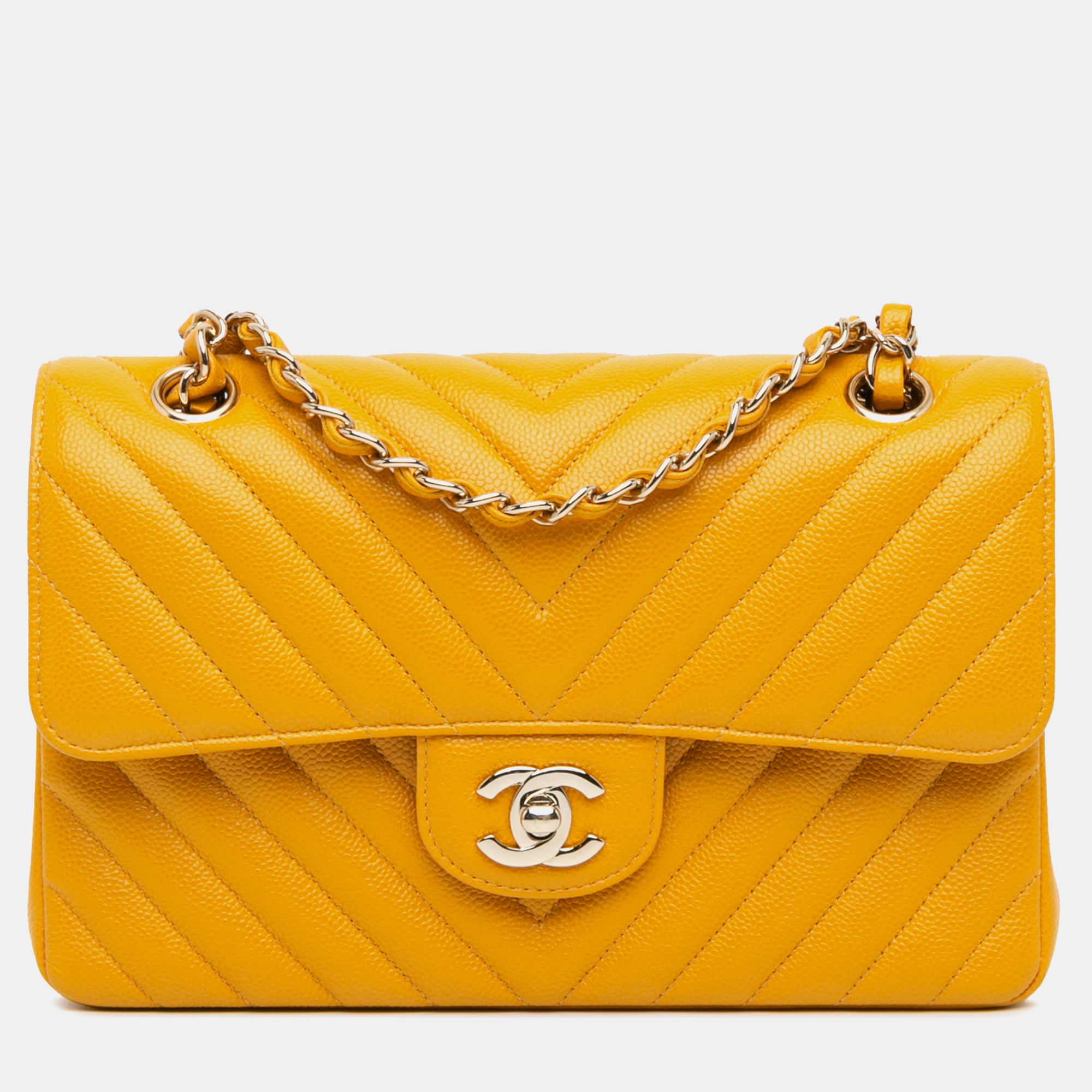 

Chanel Yellow Small Classic Chevron Caviar Double Flap