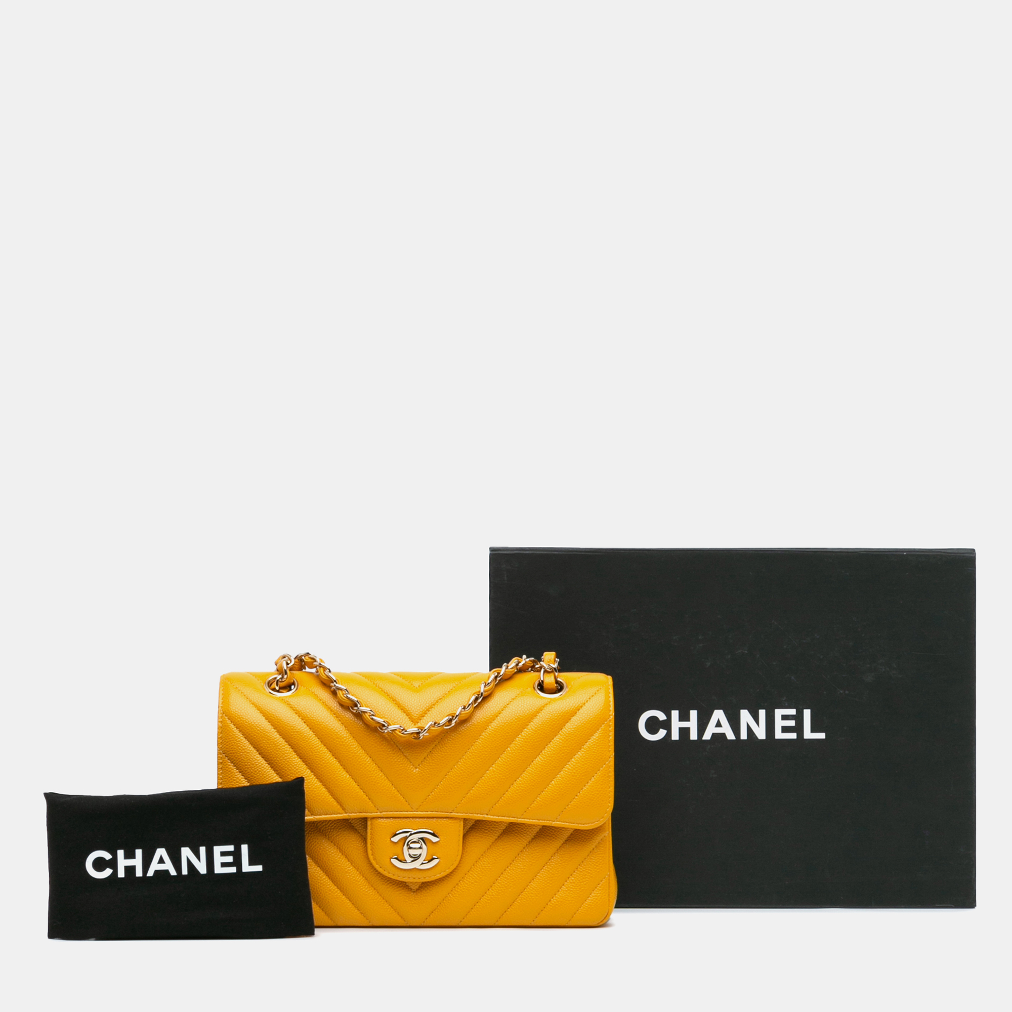Chanel Yellow Small Classic Chevron Caviar Double Flap 