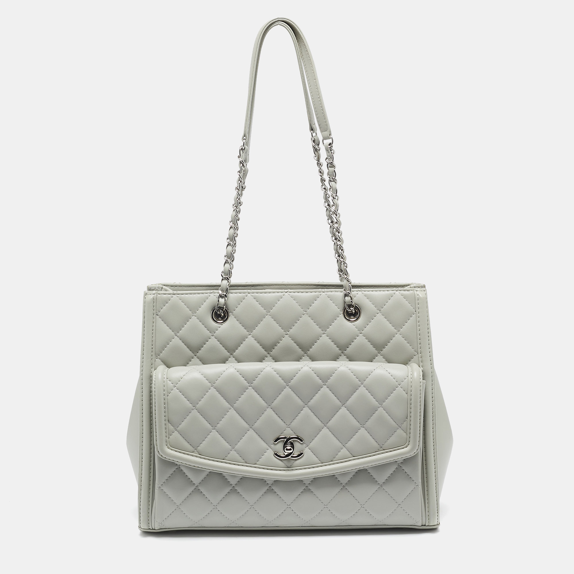 

Chanel Light Grey Quilted Leather CC Front Pocket Tote