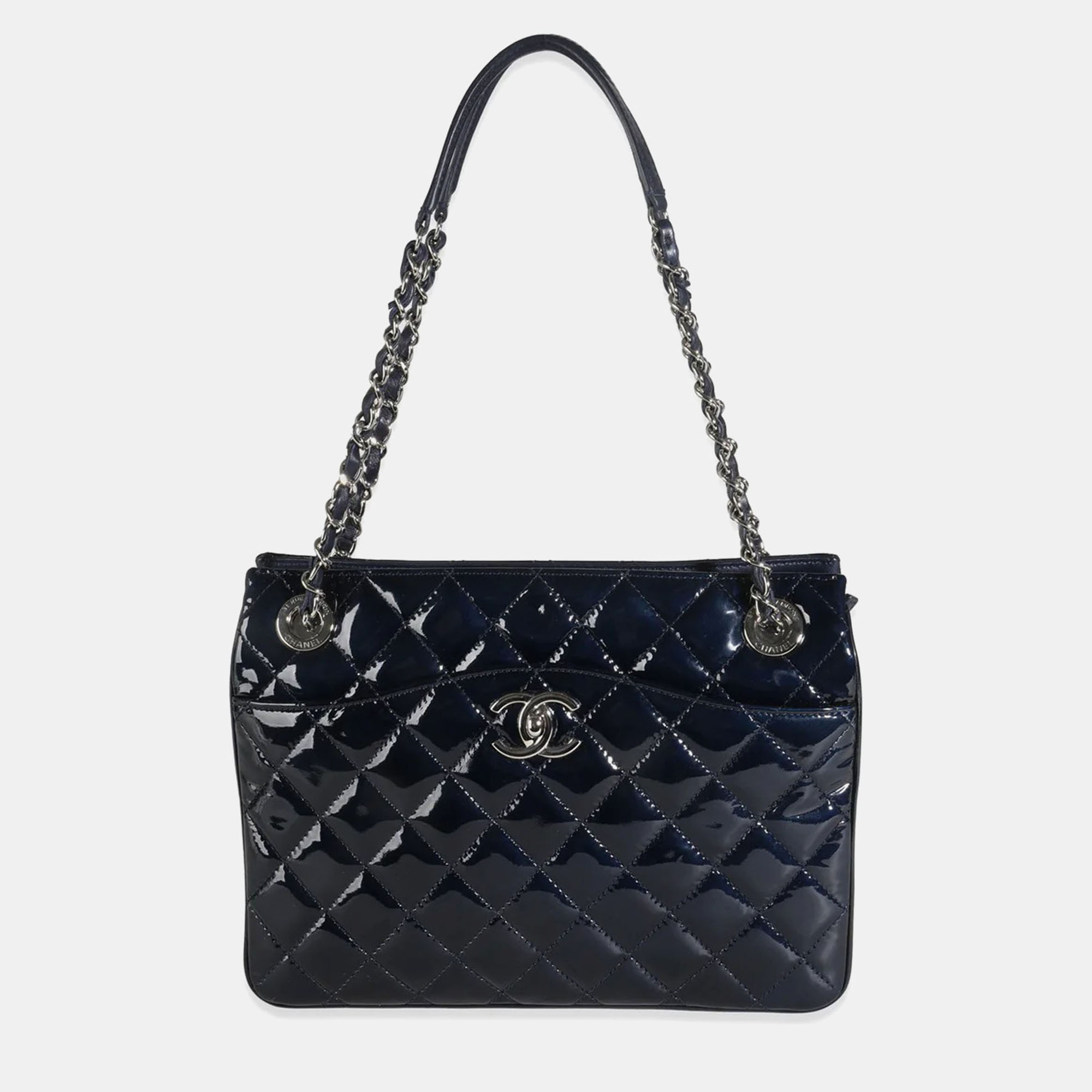 

Chanel Navy Quilted Patent Small Chanel 3 Shopping Tote, Navy blue