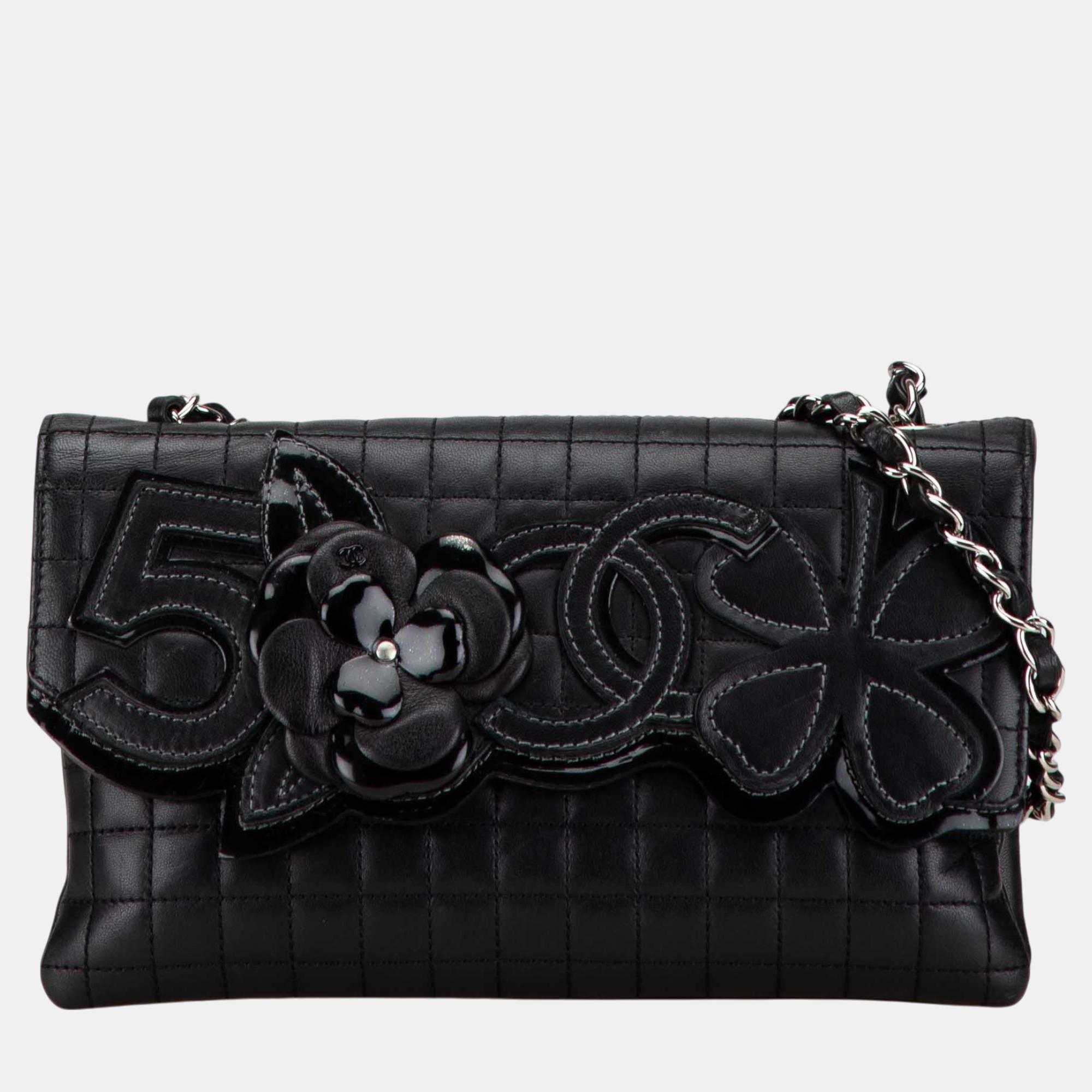 

Chanel Black Choco Bar Calfskin Camellia No. 5 CC Shoulder Bag