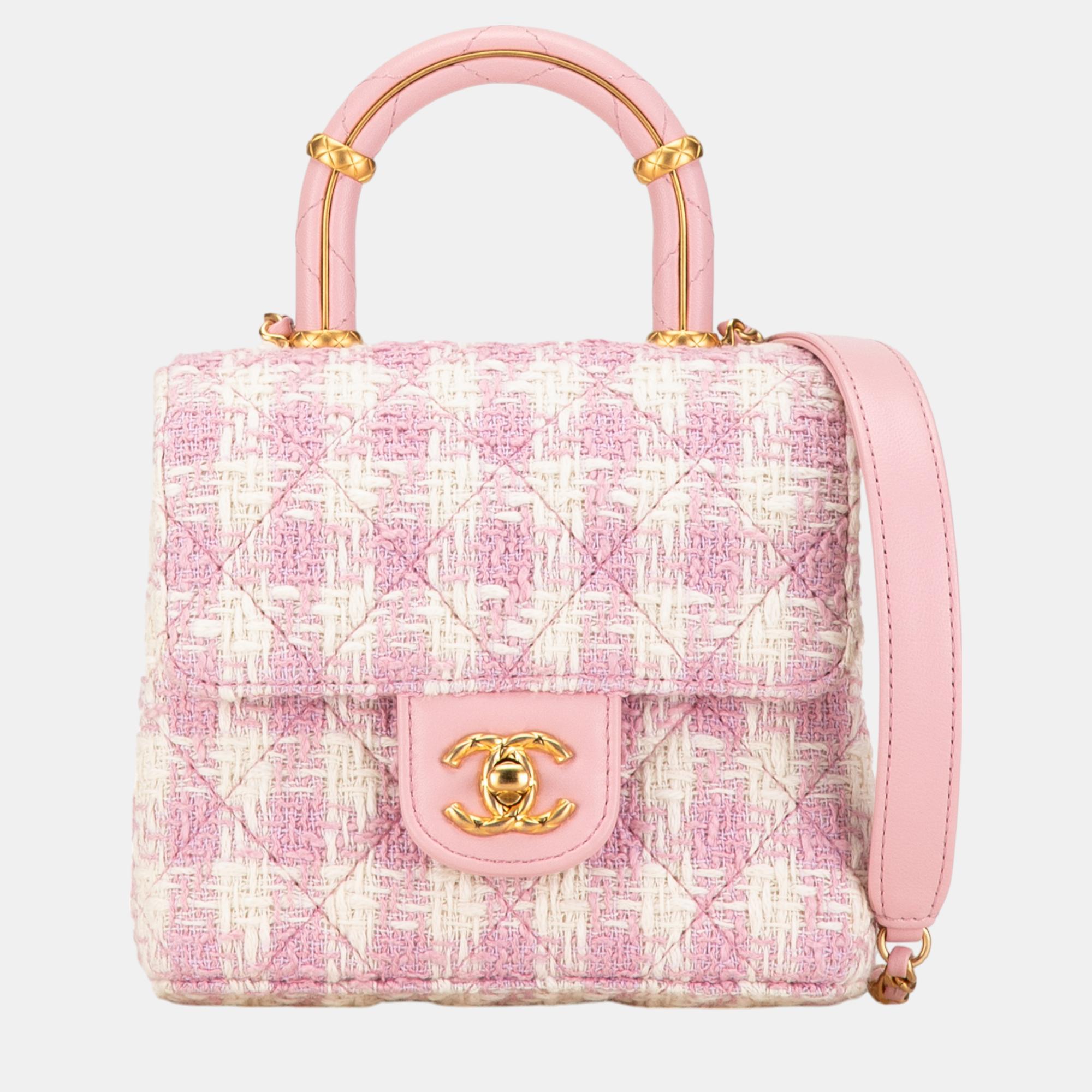 

Chanel Pink Quilted Tweed Crush Top Handle Flap