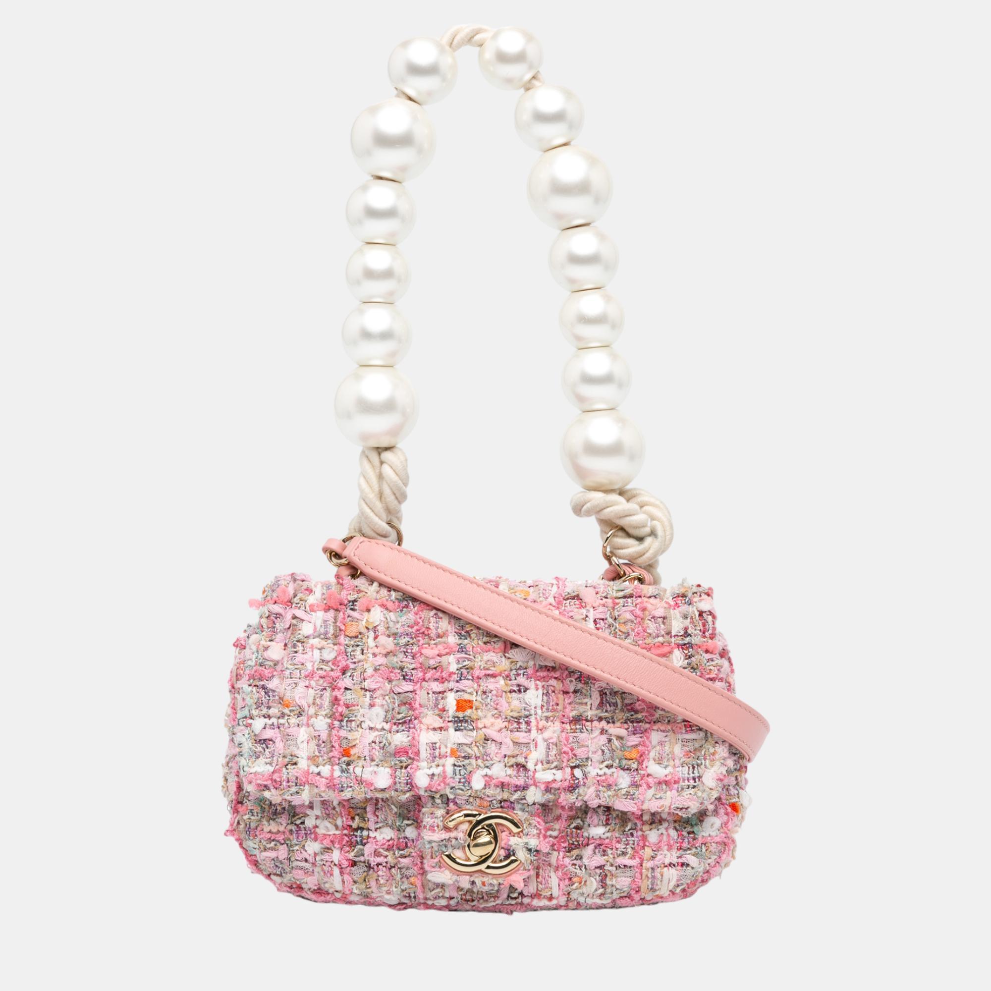 

Chanel Pink Mini Tweed Pearl Top Handle Flap