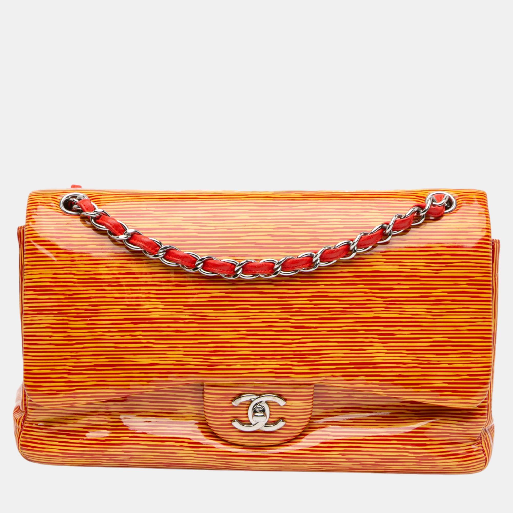 

Chanel Orange Jumbo Classic Patent Stiped Double Flap