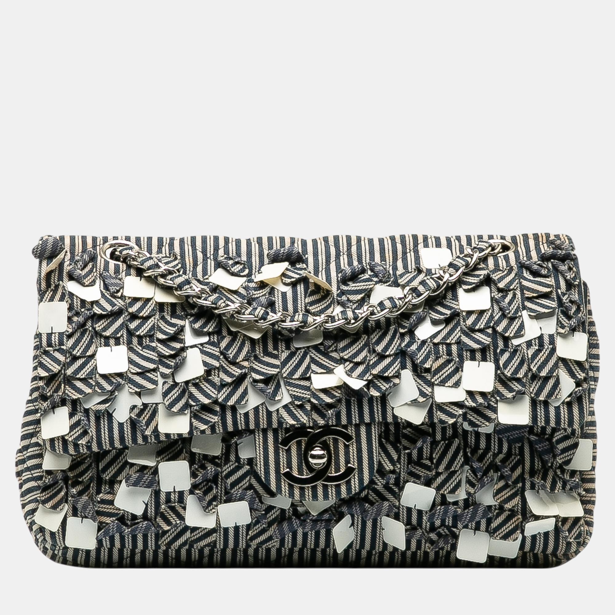 

Chanel Blue Medium Cotton Striped Double Flap