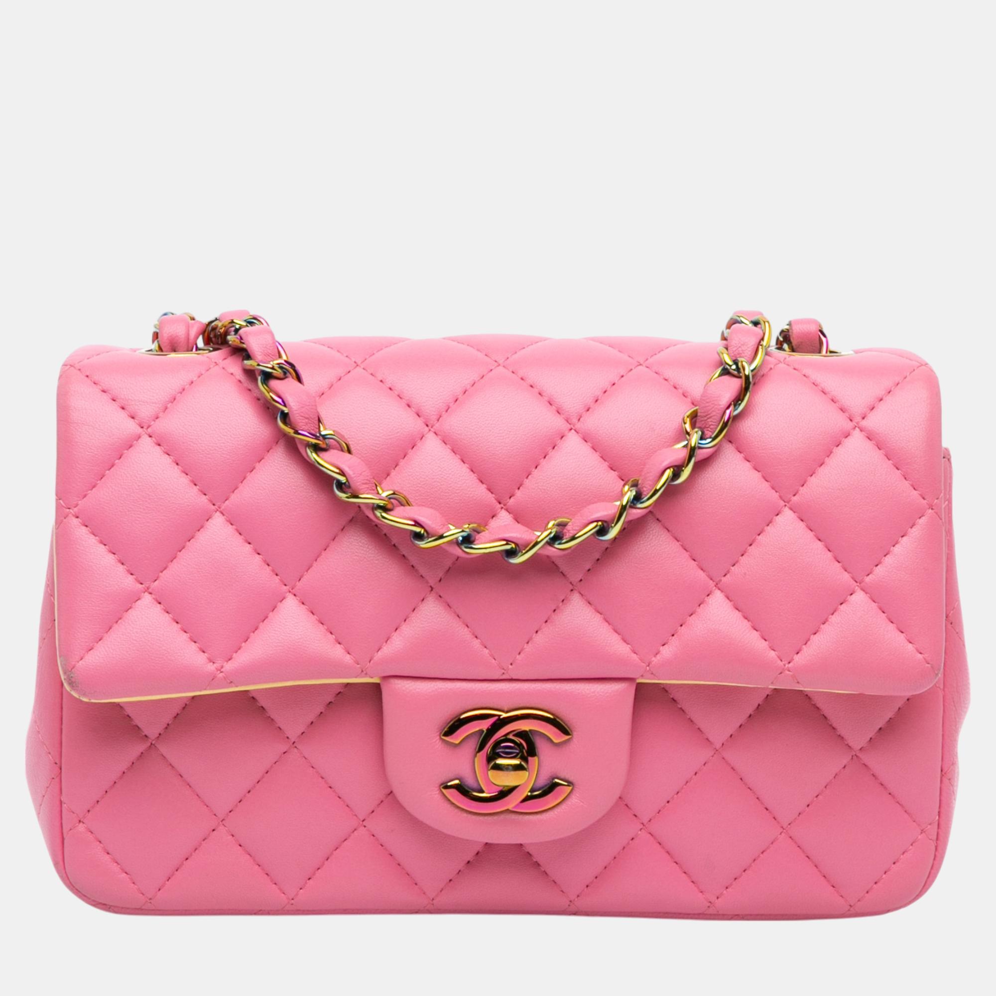 

Chanel Pink Mini Rectangular Classic Lambskin Rainbow Single Flap