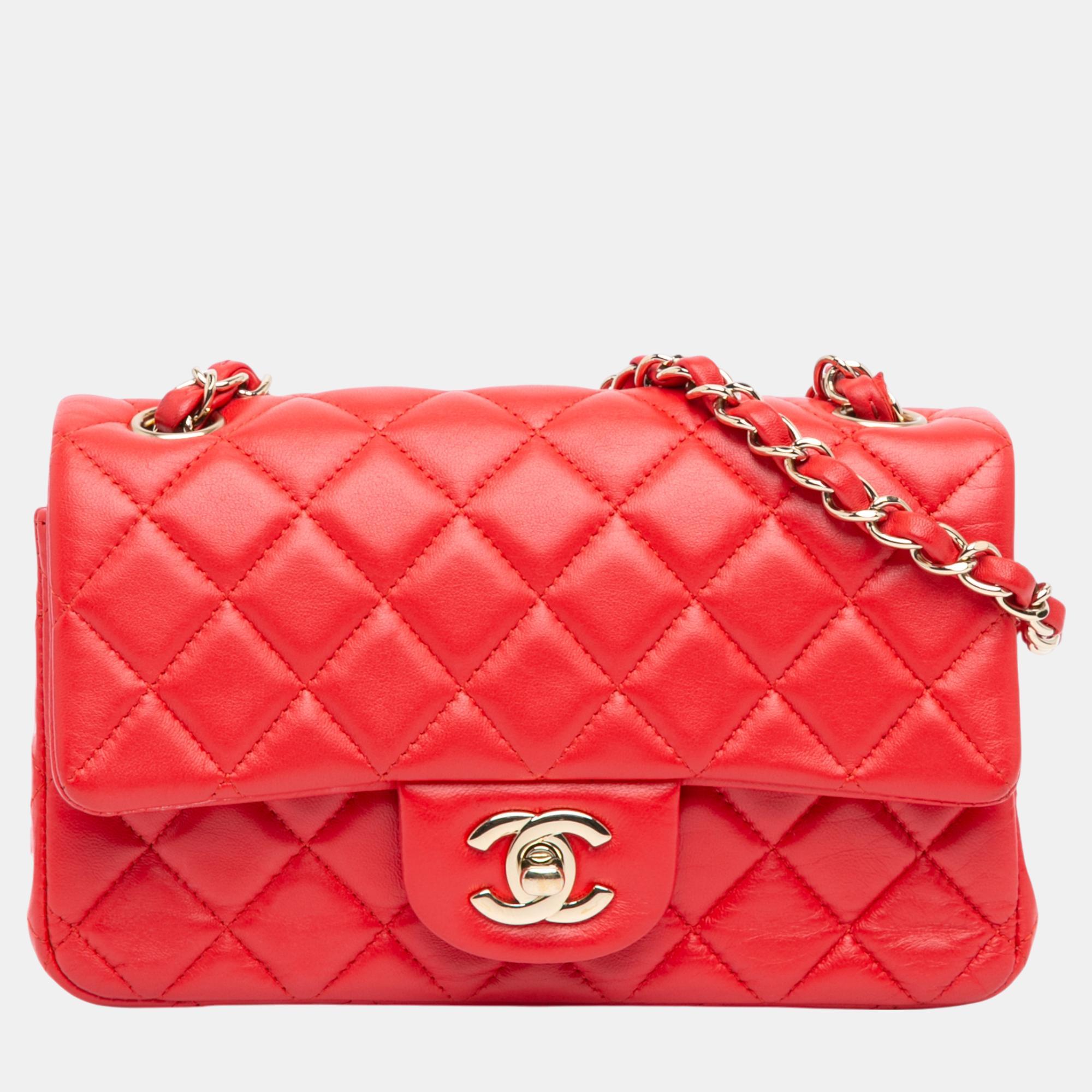 

Chanel Red Lambskin Mini Rectangular Classic Single Flap Bag