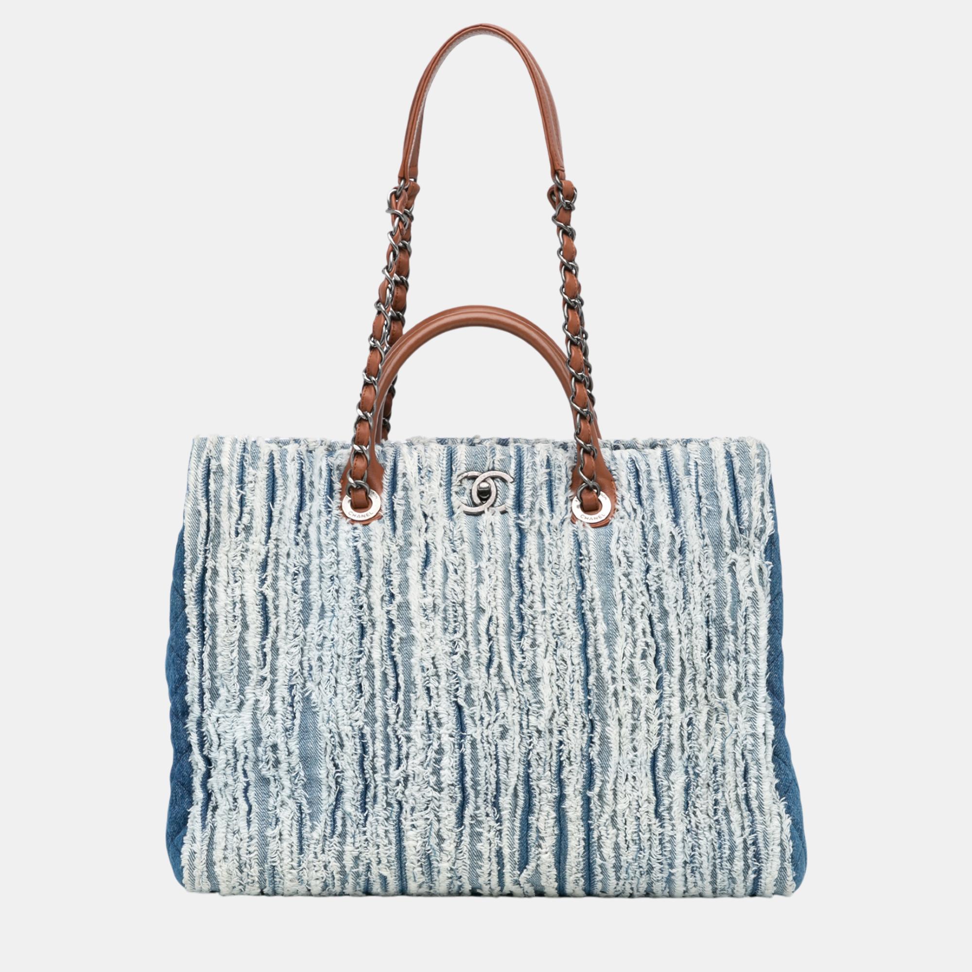 

Chanel Blue Large Fringed Denim Shopping Tote