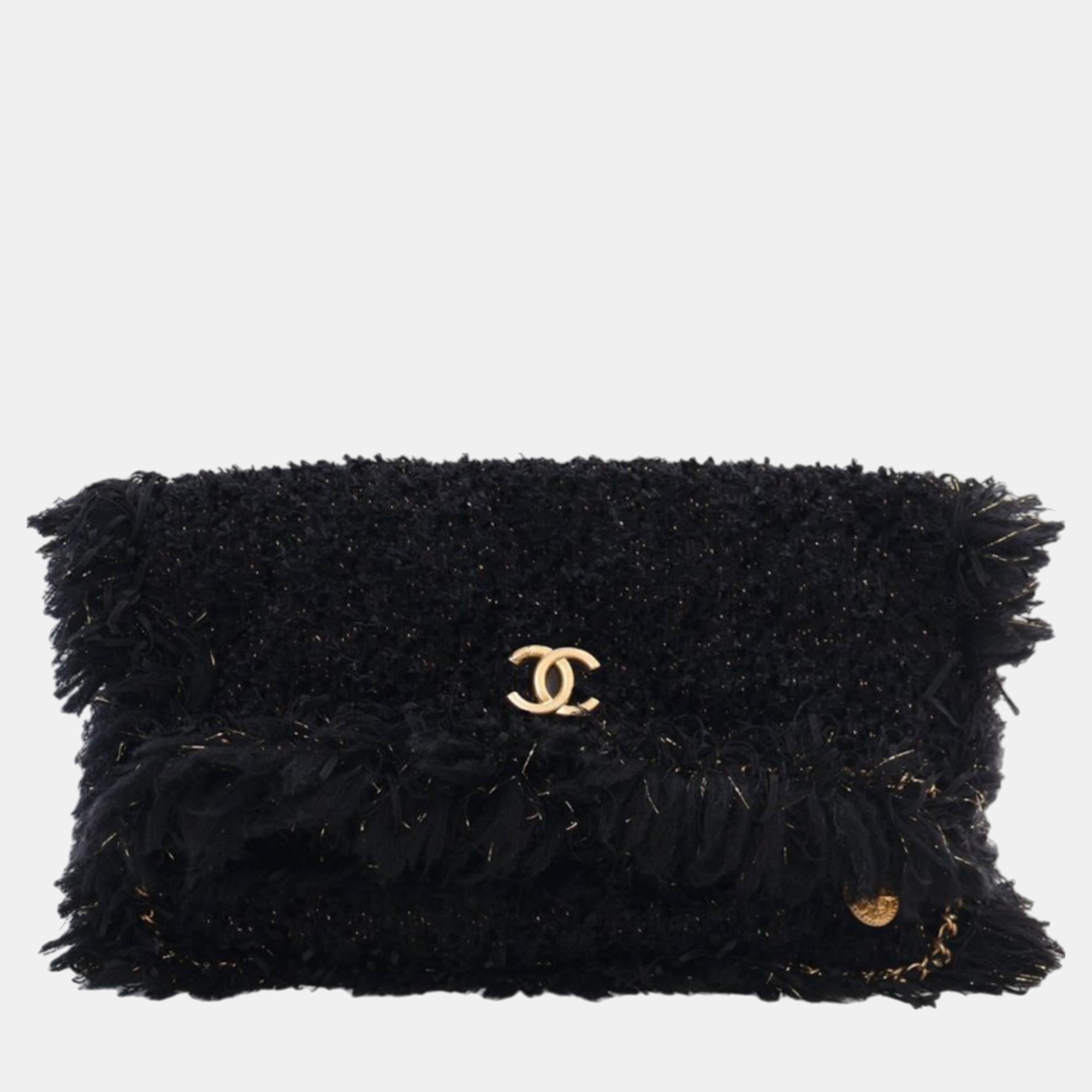 

Chanel Black Tweed Fringe Paris Cosmopolite Clutch