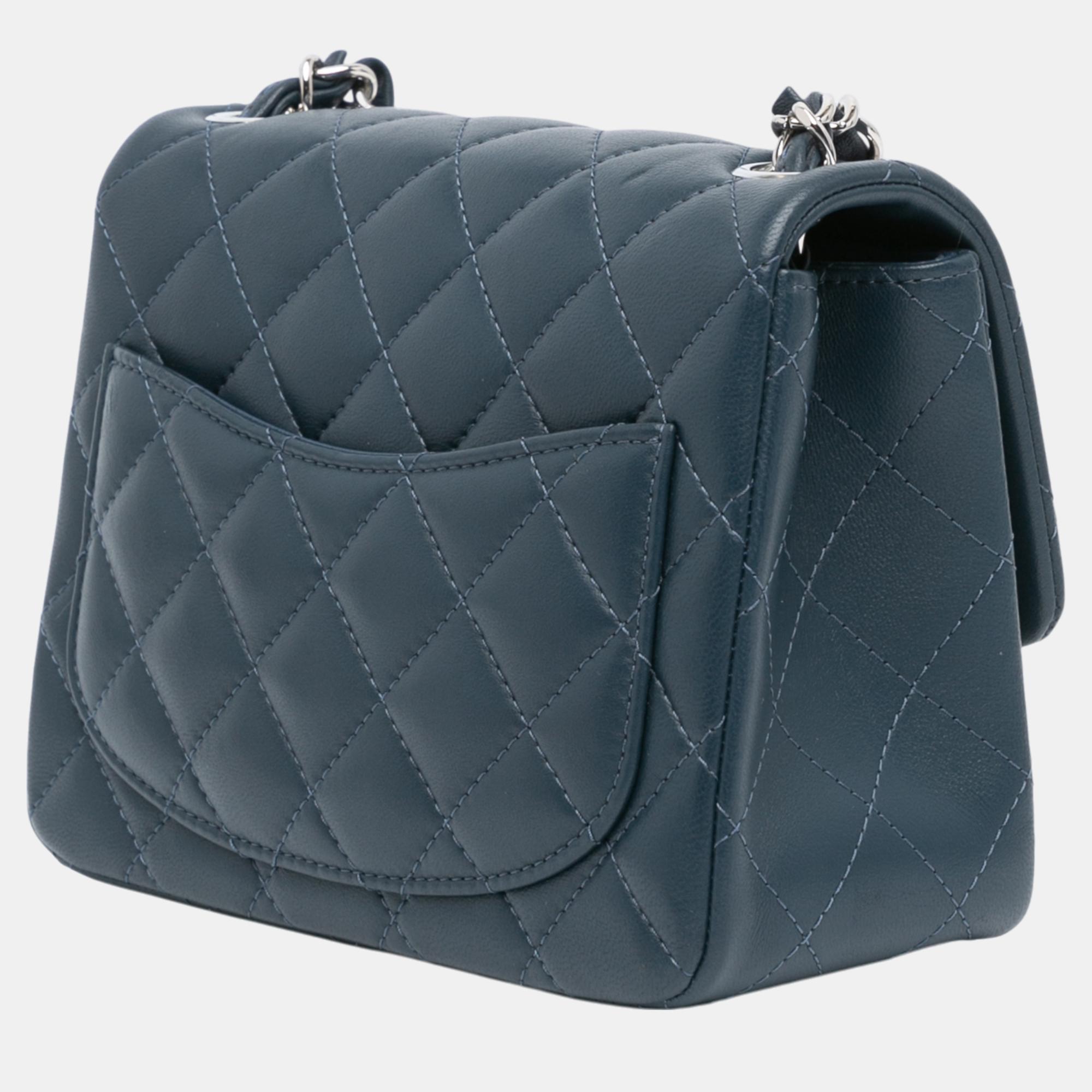Chanel Navy Blue Mini Square Classic Lambskin Single Flap 