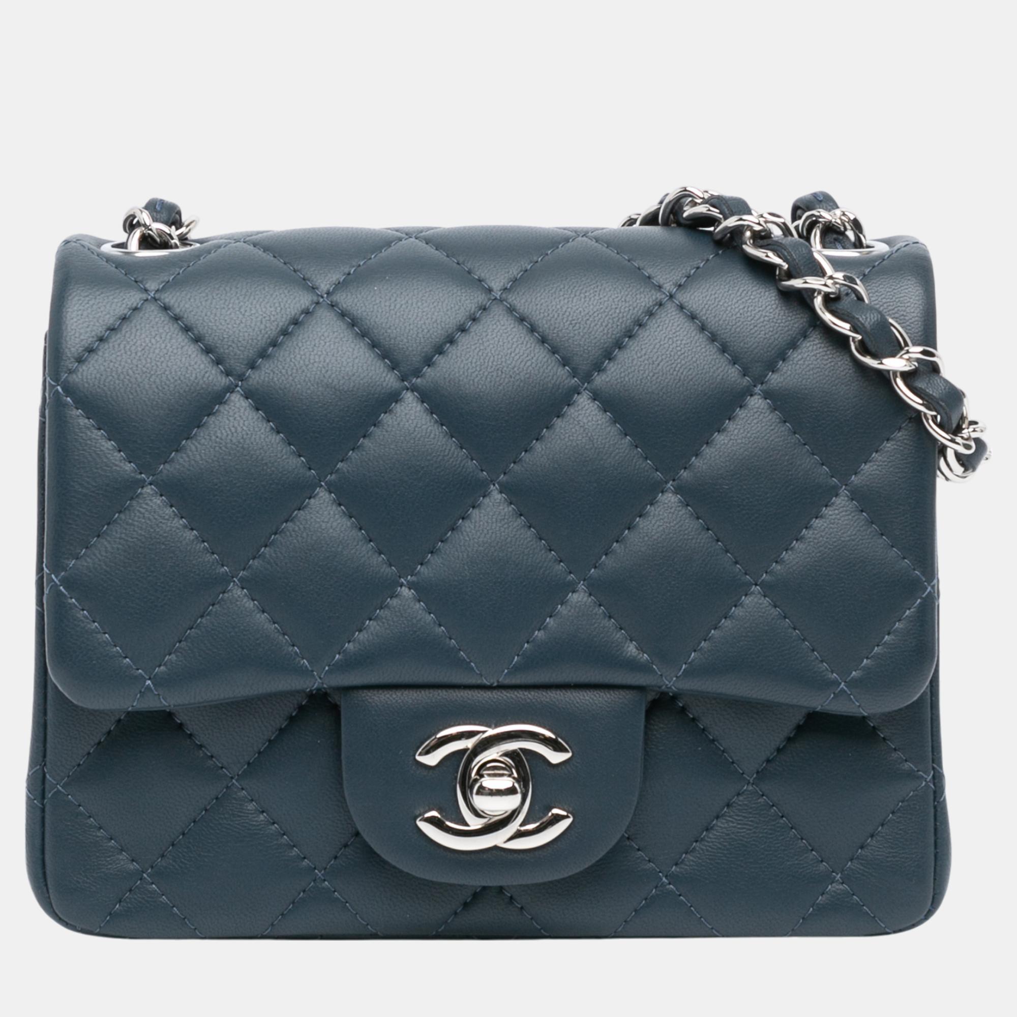 

Chanel Navy Blue Mini Square Classic Lambskin Single Flap