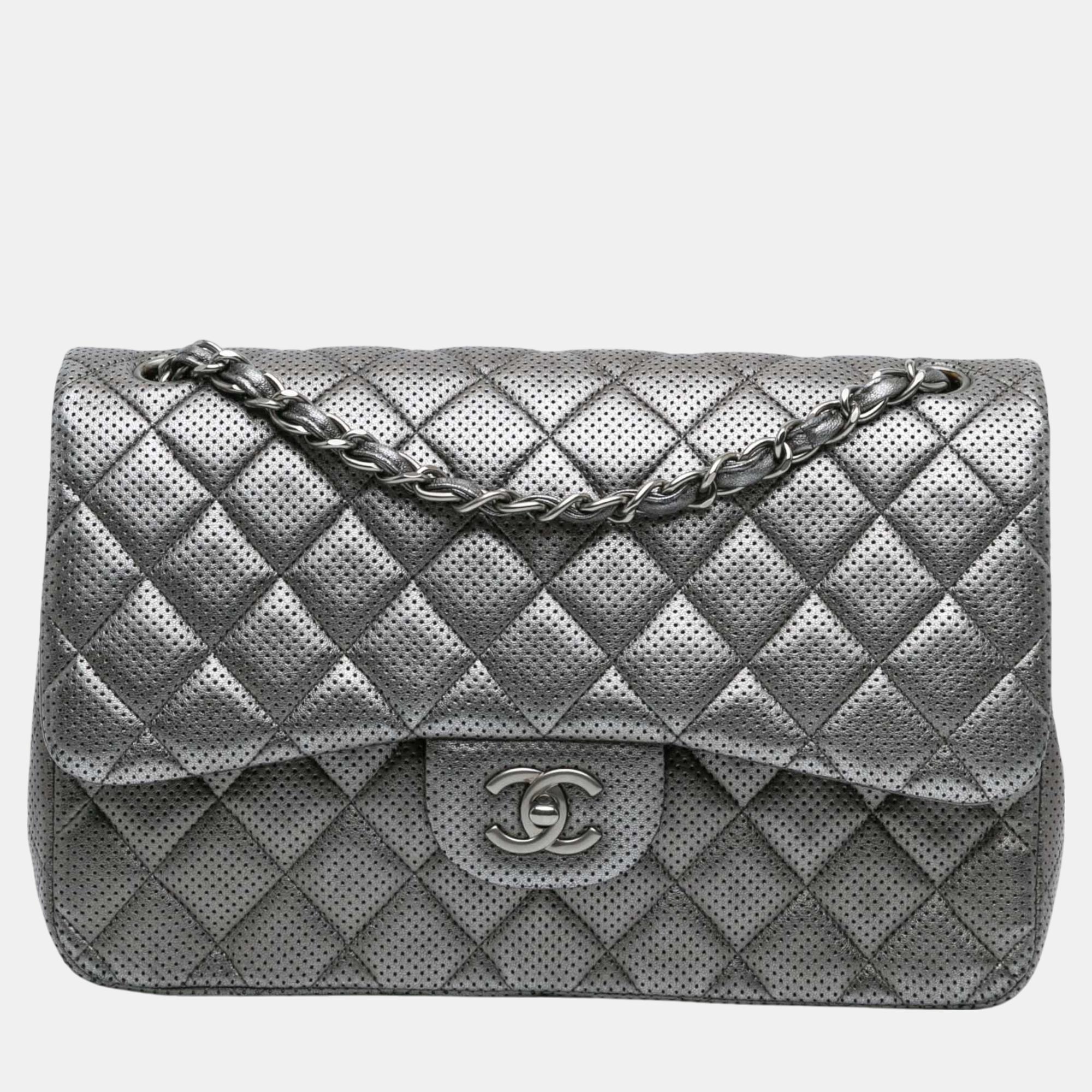 

Chanel Silver Jumbo Classic Perforated Lambskin Double Flap