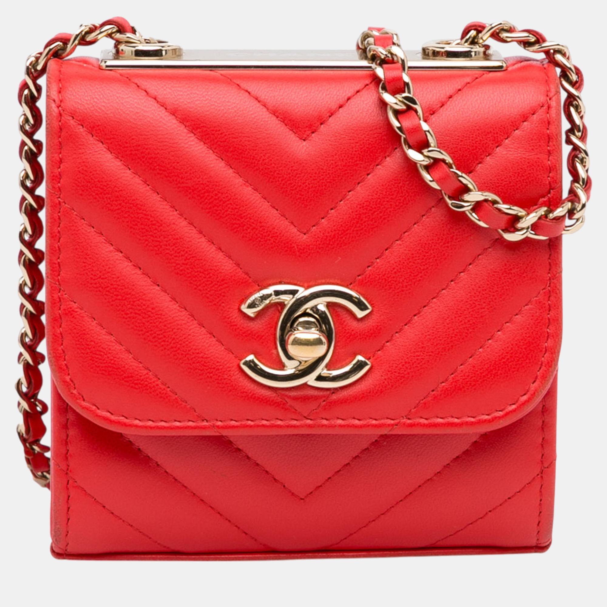 

Chanel Red Mini Chevron Lambskin Trendy CC Chain Wallet