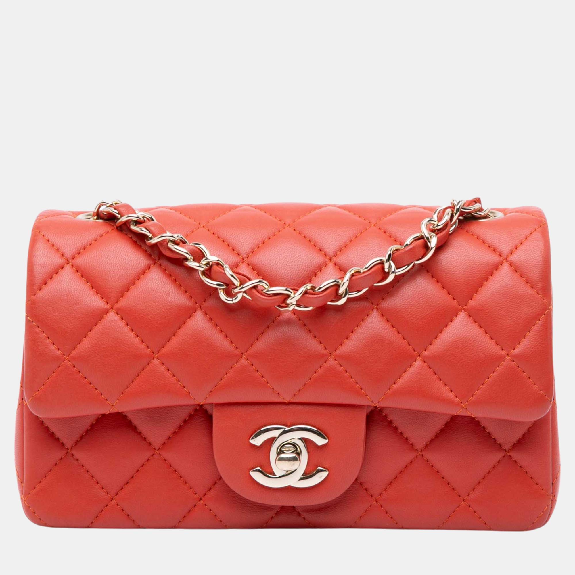 

Chanel Orange Lambskin Mini Rectangular Classic Single Flap Bag