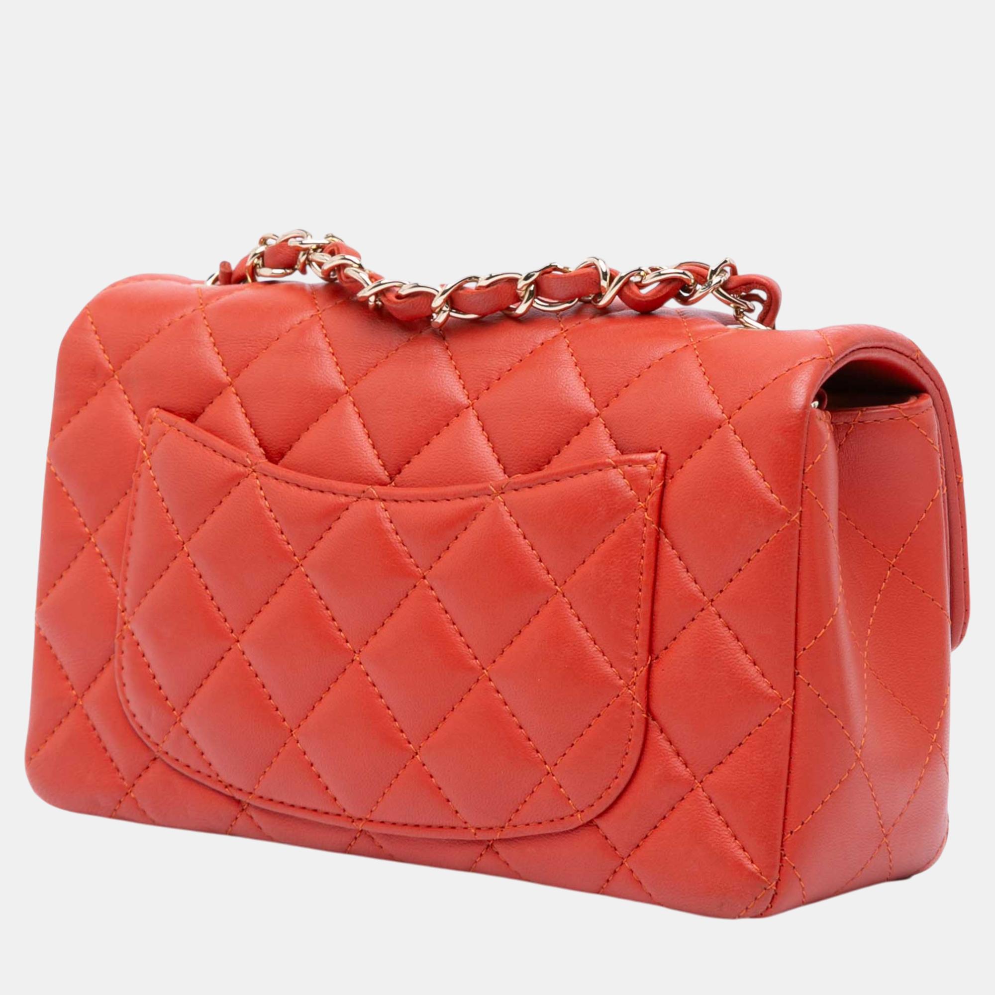 Chanel Orange Mini Rectangular Classic Lambskin Single Flap 