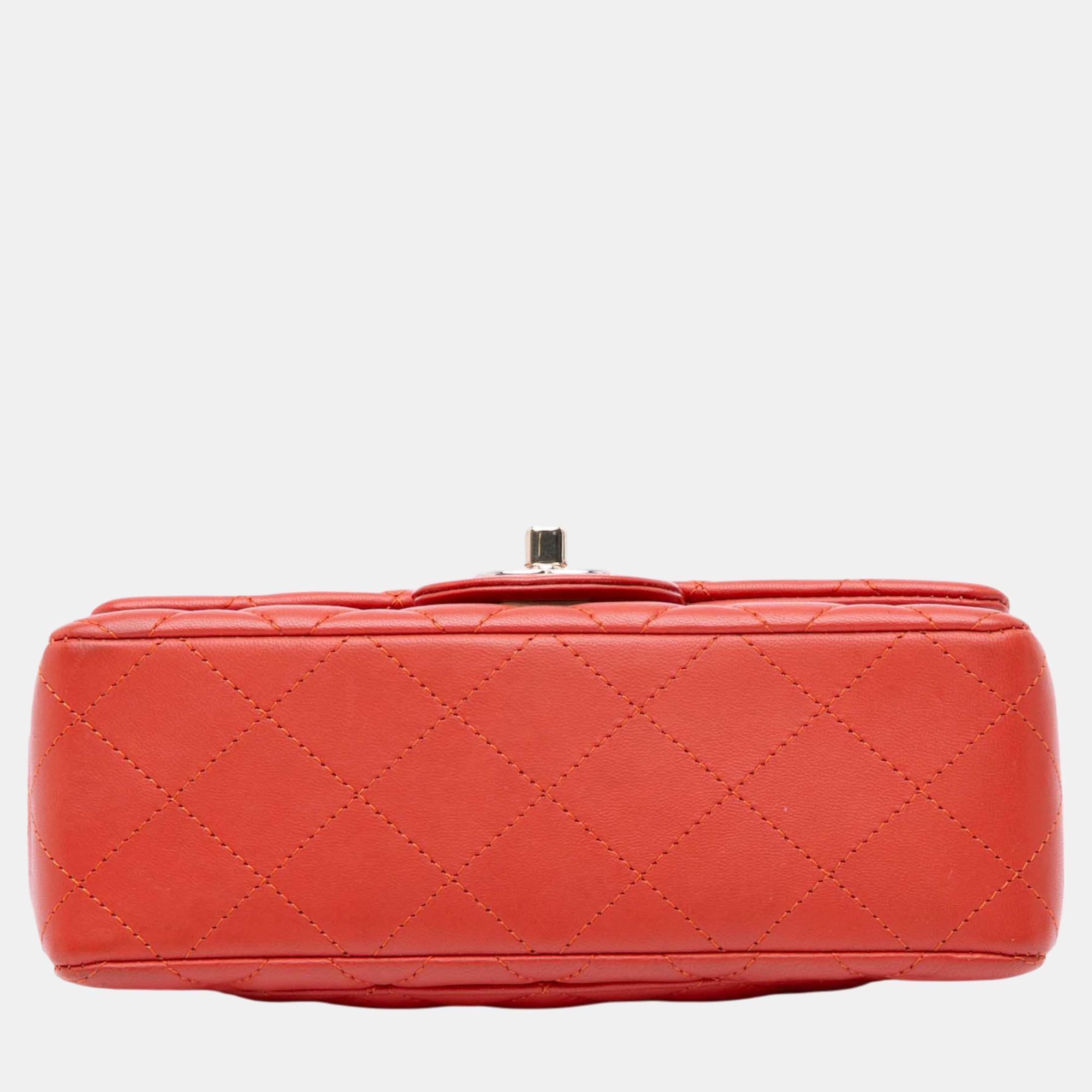Chanel Orange Mini Rectangular Classic Lambskin Single Flap 