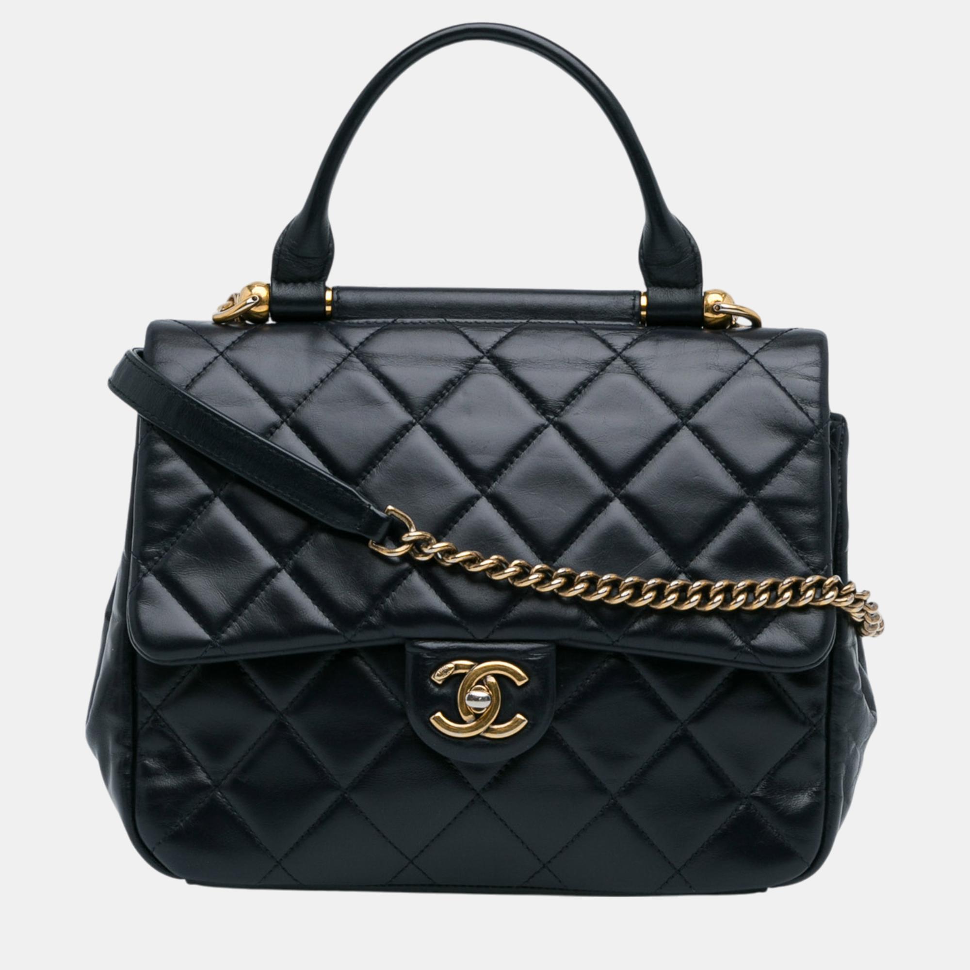 

Chanel Navy Blue Small Lambskin Gold Bar Top Handle Flap