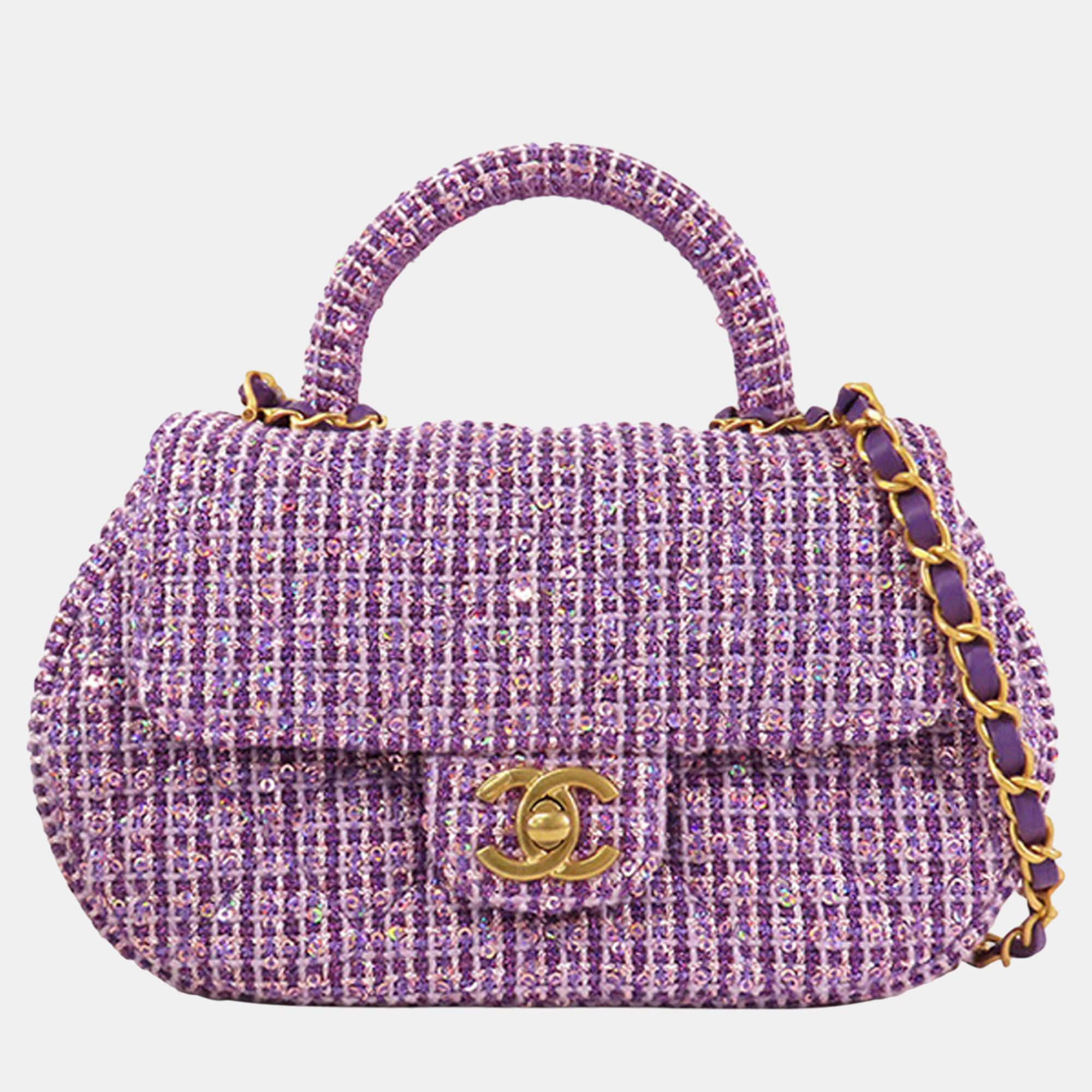 

Chanel Purple CC Quilted Tweed Top Handle Flap