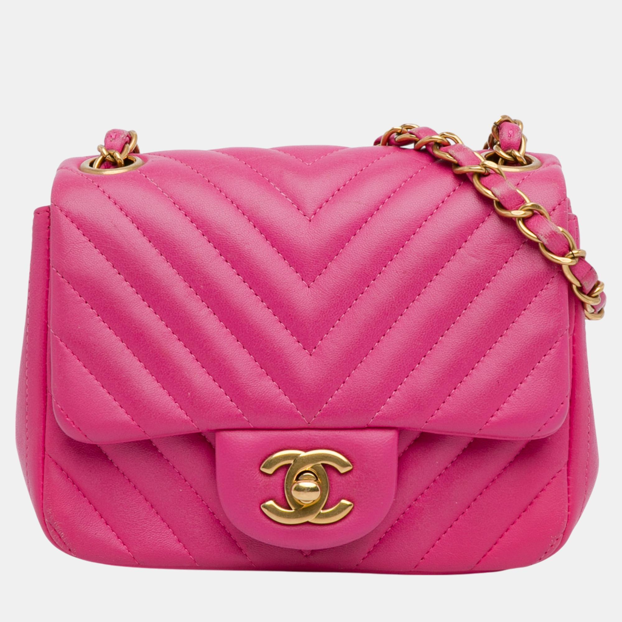 

Chanel Pink Mini Square Classic Chevron Lambskin Flap