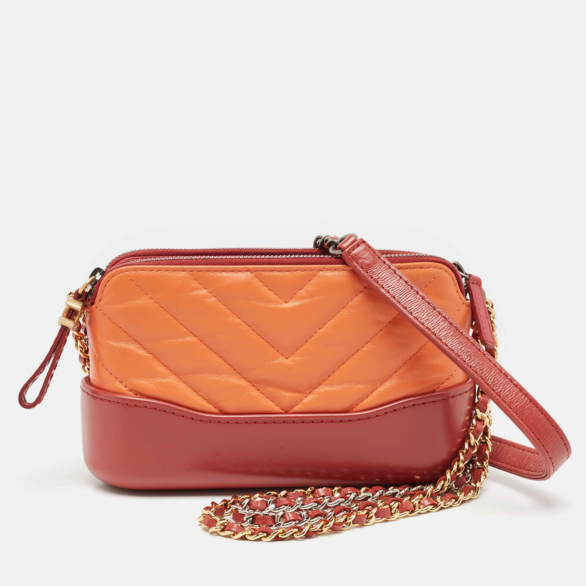 

Chanel Orange/Red Quilted Leather Gabrielle Double Zip Chain Clutch