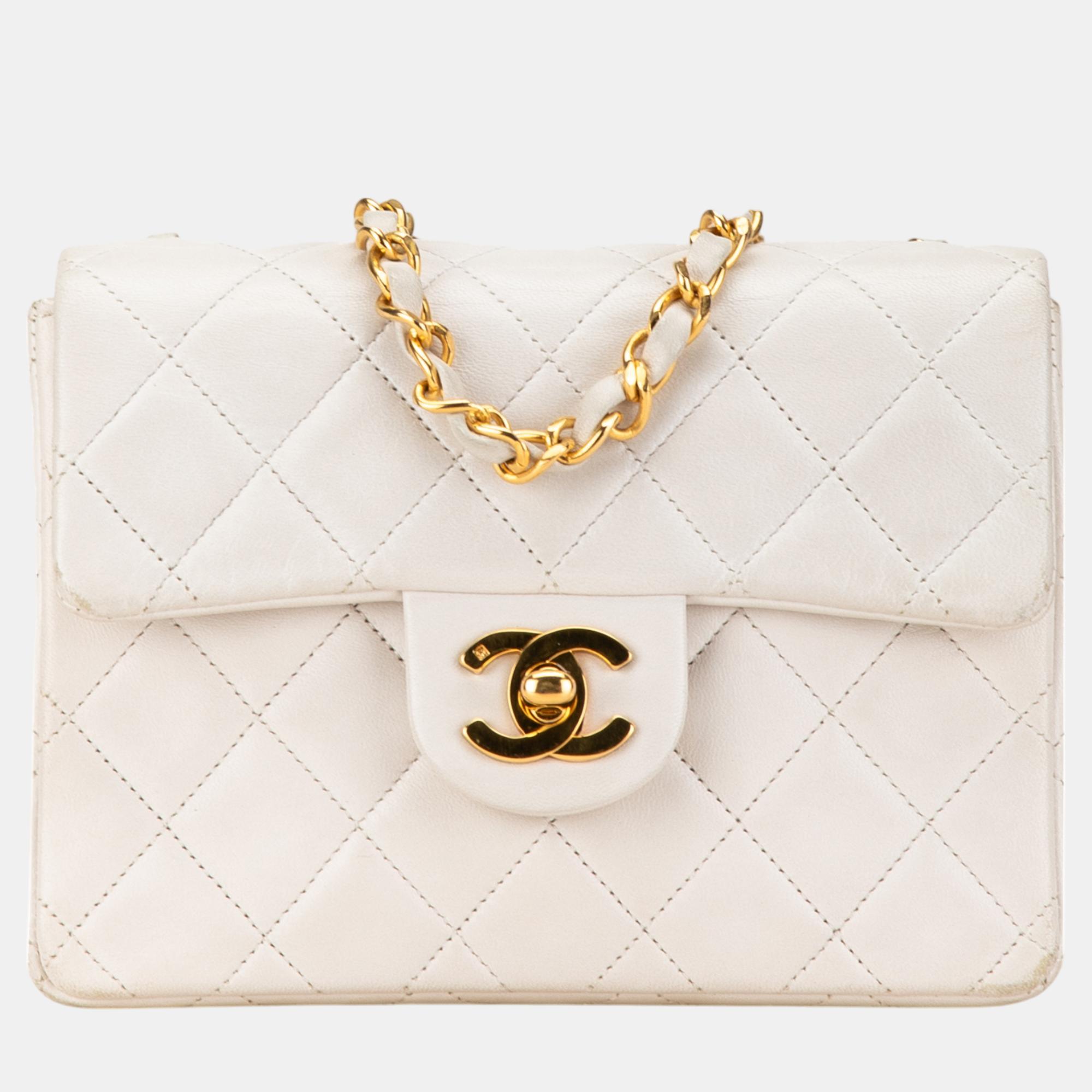 

Chanel White Mini Square Classic Lambskin Single Flap