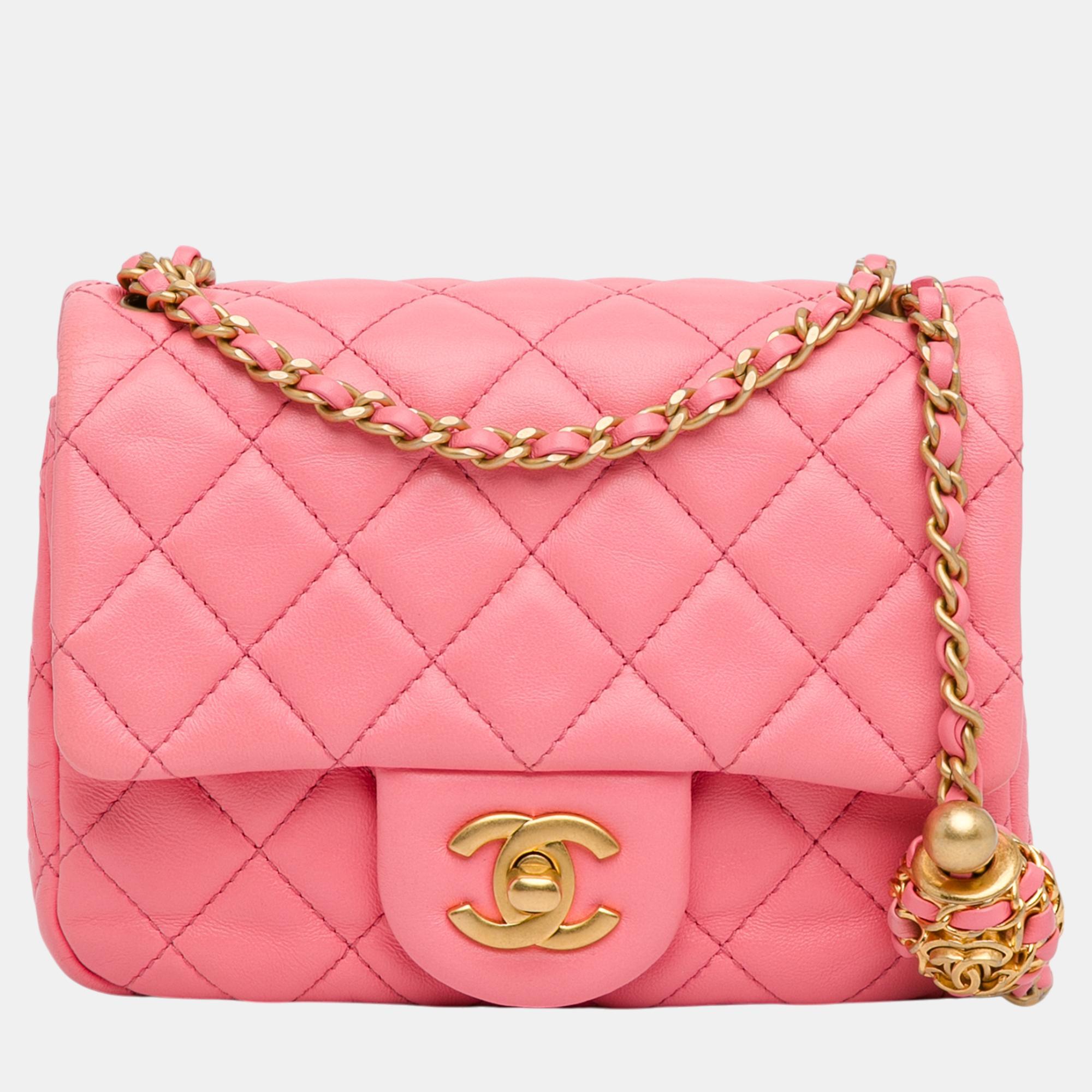 

Chanel Pink Mini Square Classic Lambskin Pearl Crush Flap