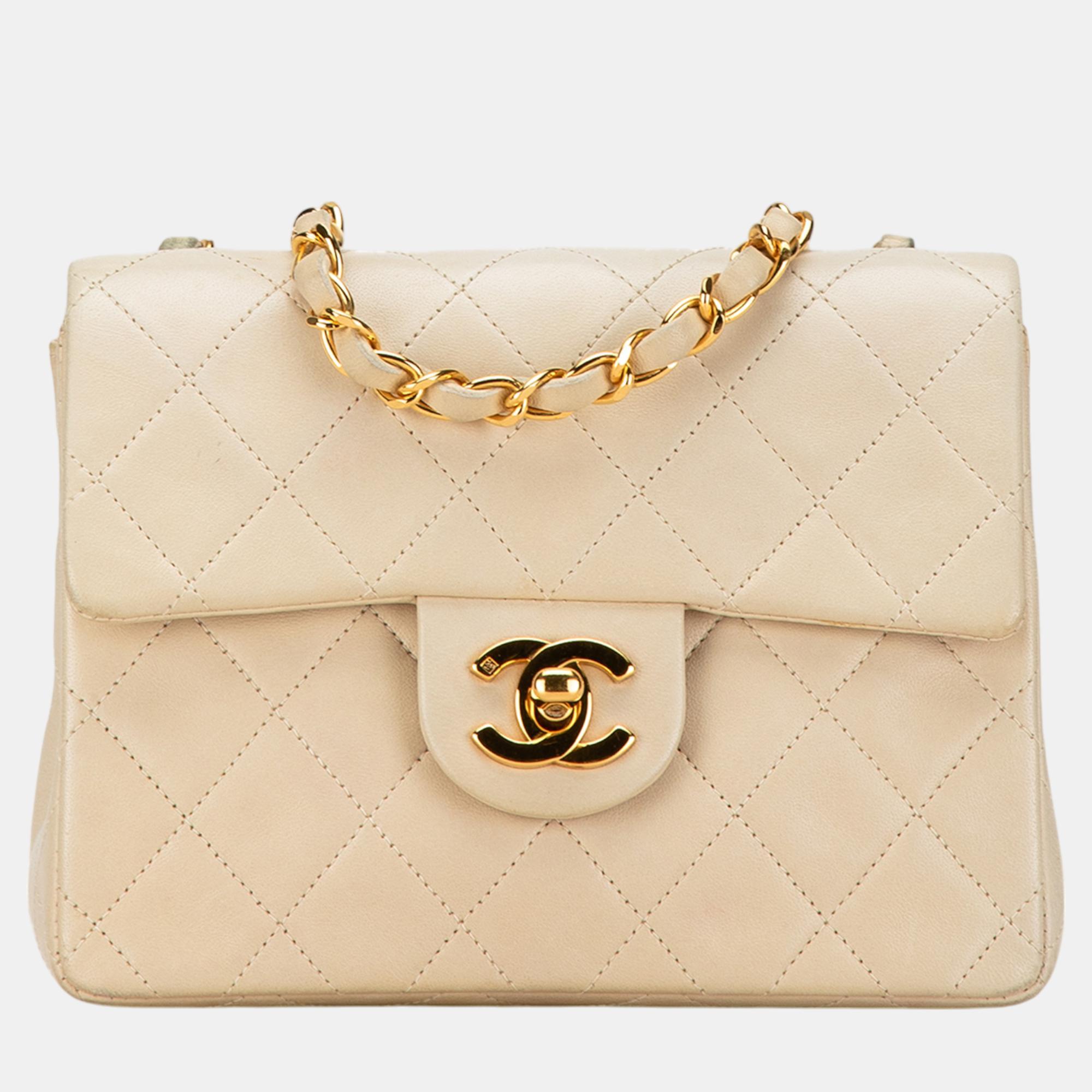 

Chanel Beige Mini Square Classic Lambskin Single Flap