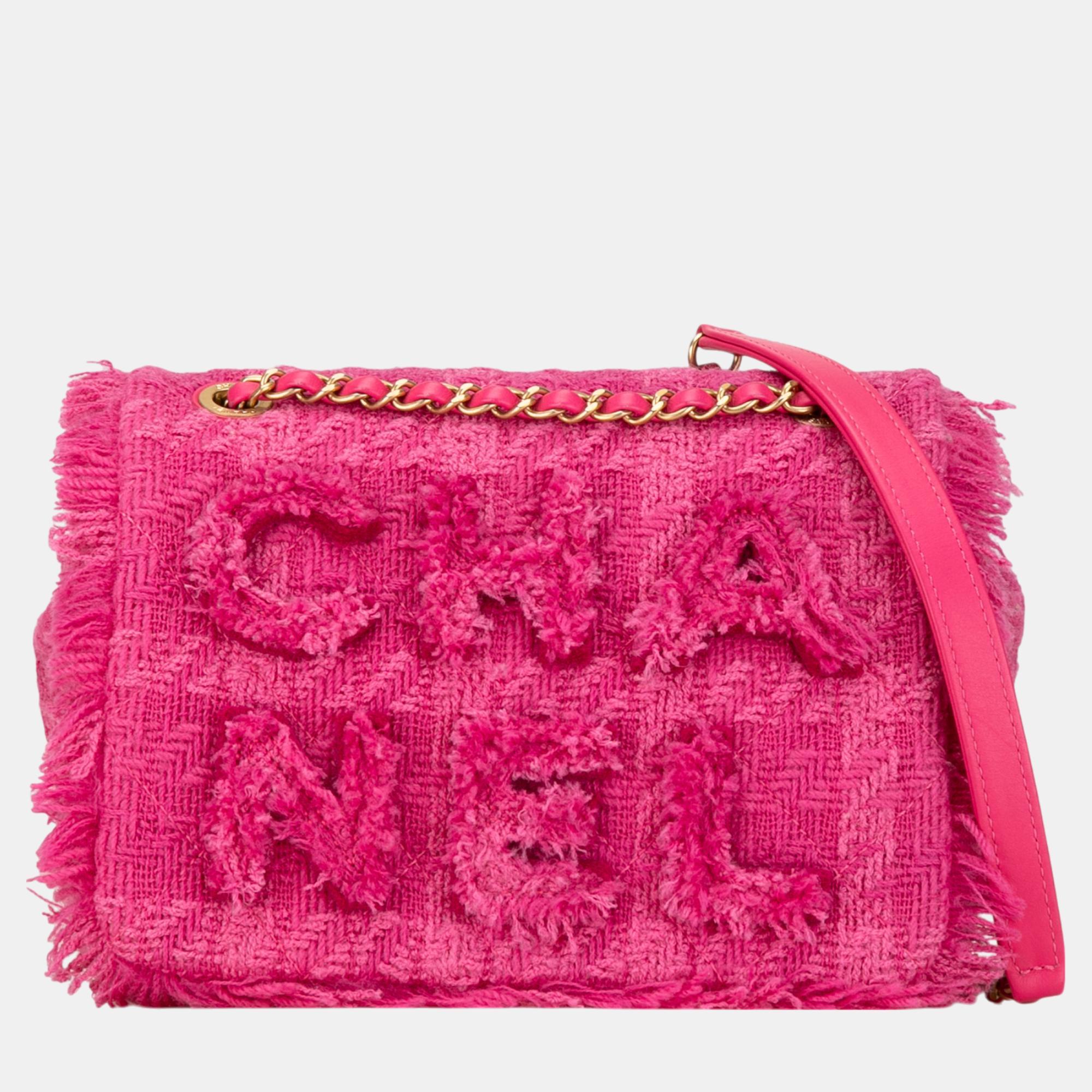 

Chanel Pink Wool Tweed Giant Logo Flap