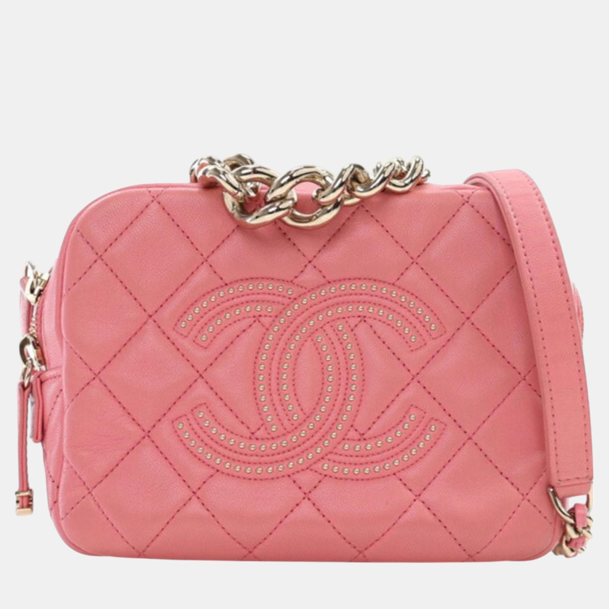 

Chanel Pink Quilted Lambskin Studded Beauty Begins Camera Bag