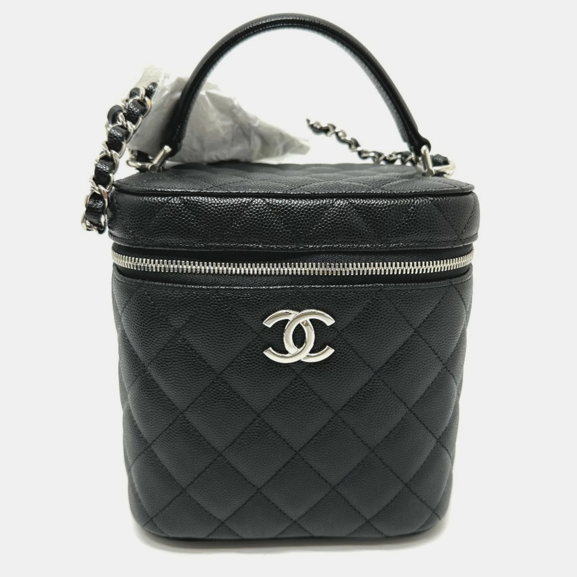 

Chanel Coco Mark Cc Matelasse Quilted Chain Bag Vanity Caviar Skin Silver Hardware Black