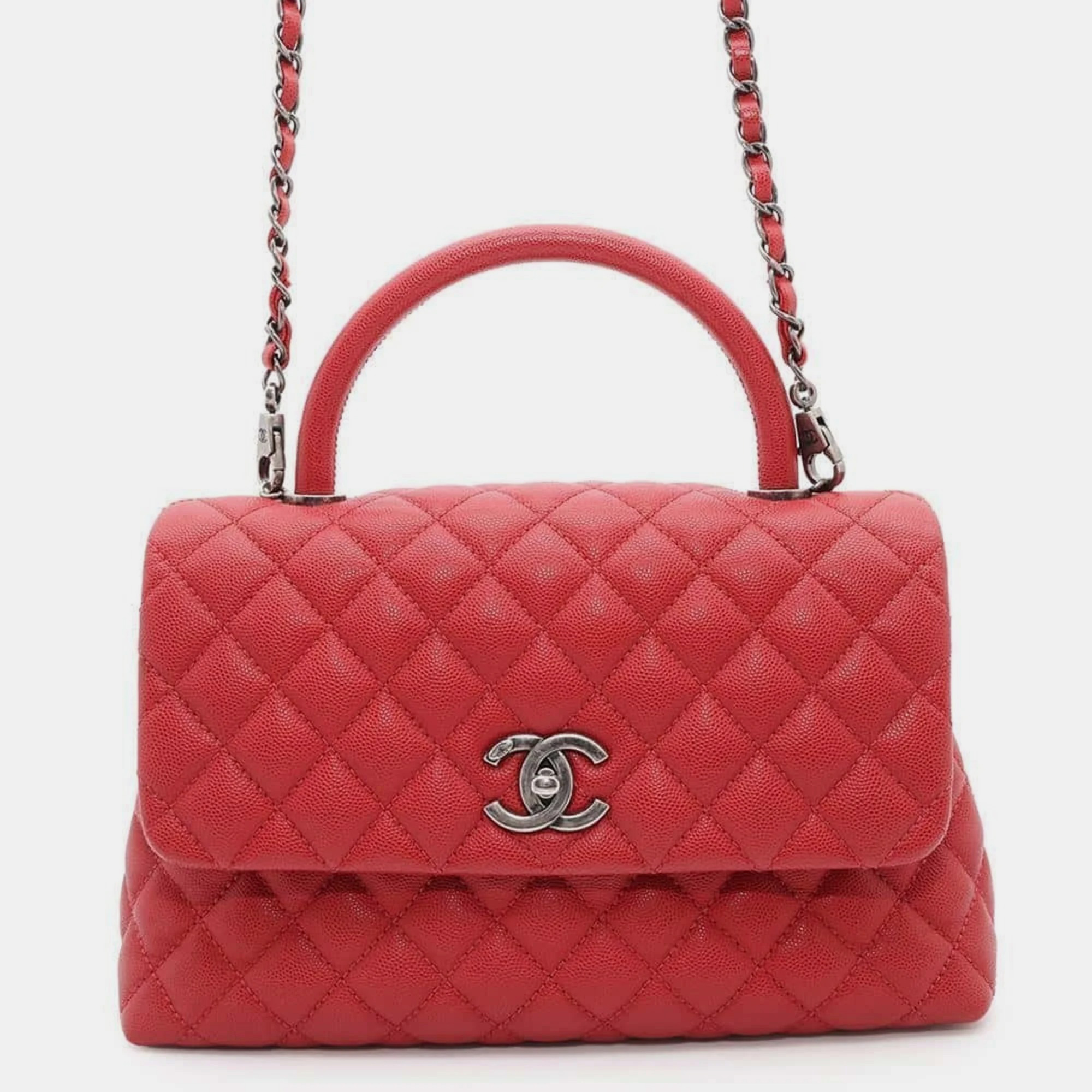 

Chanel Handbag Matelasse Coco Mark Handle Flap Caviar Skin Bag, Red