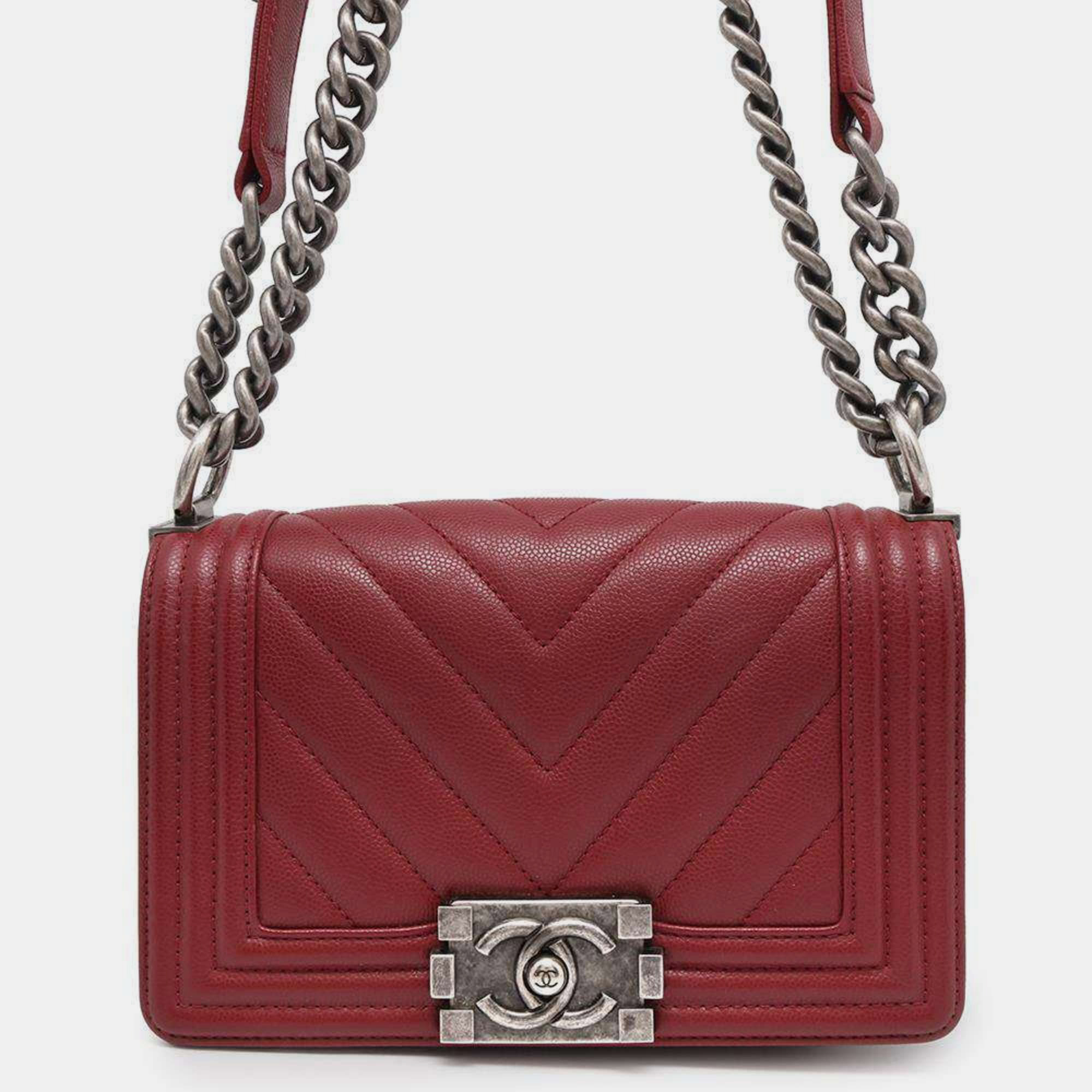 

Chanel Chain Boy Small Chevron Coco Mark Caviar Skin Shoulder Bag, Red