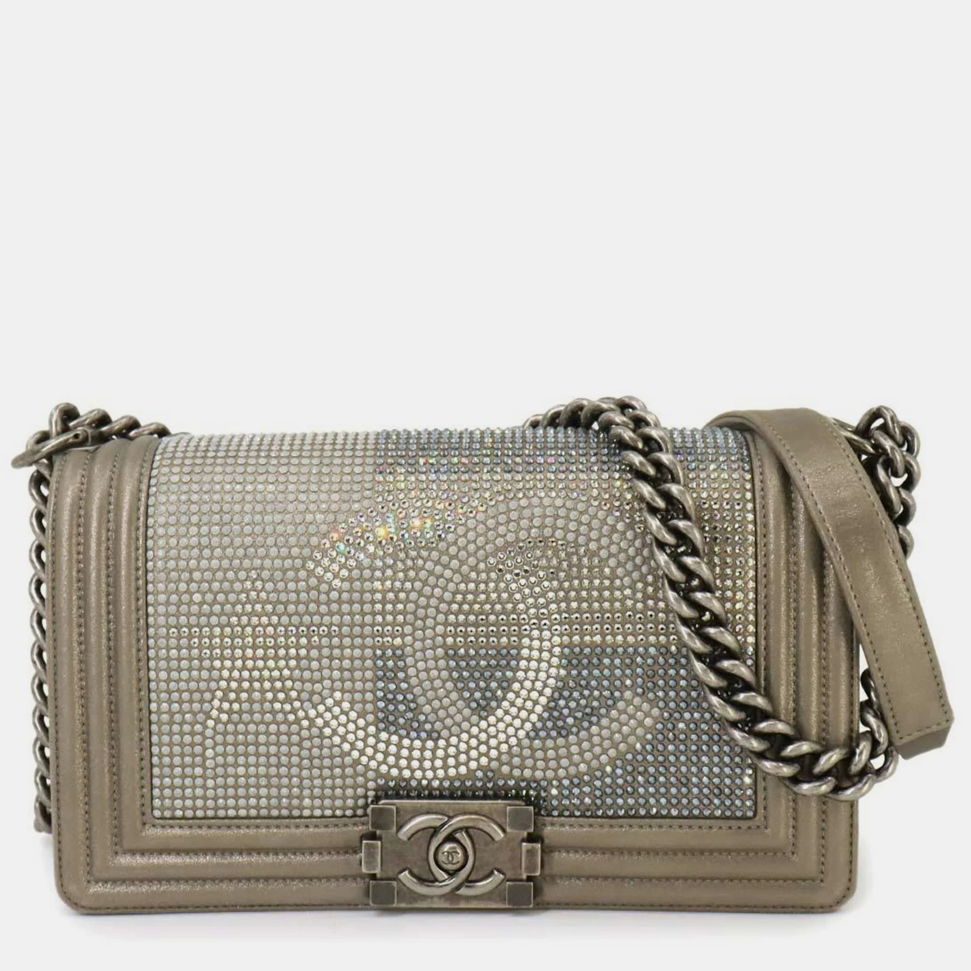 

Chanel Metallic Gray Leather Rhinestone Boy Bag, Grey