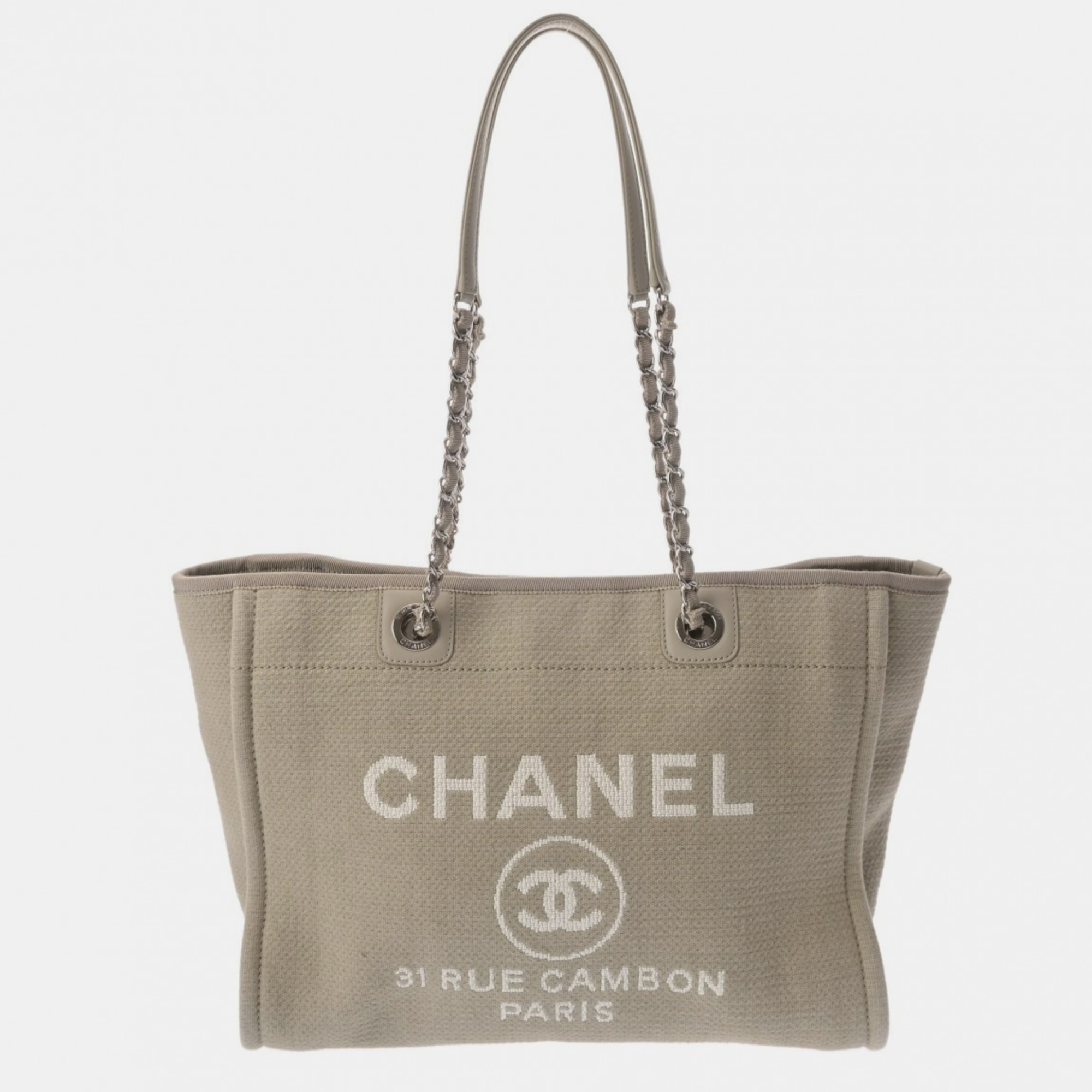 

Chanel Grayish Canvas Deauville MM Tote Bag, Beige