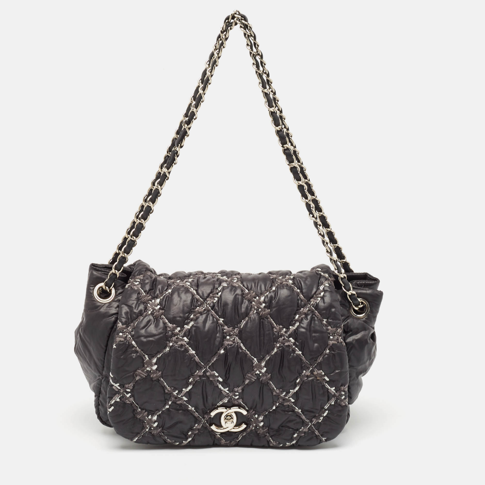 

Chanel Black Quilted Nylon Tweed On Stitch Bubble Accordion Flap