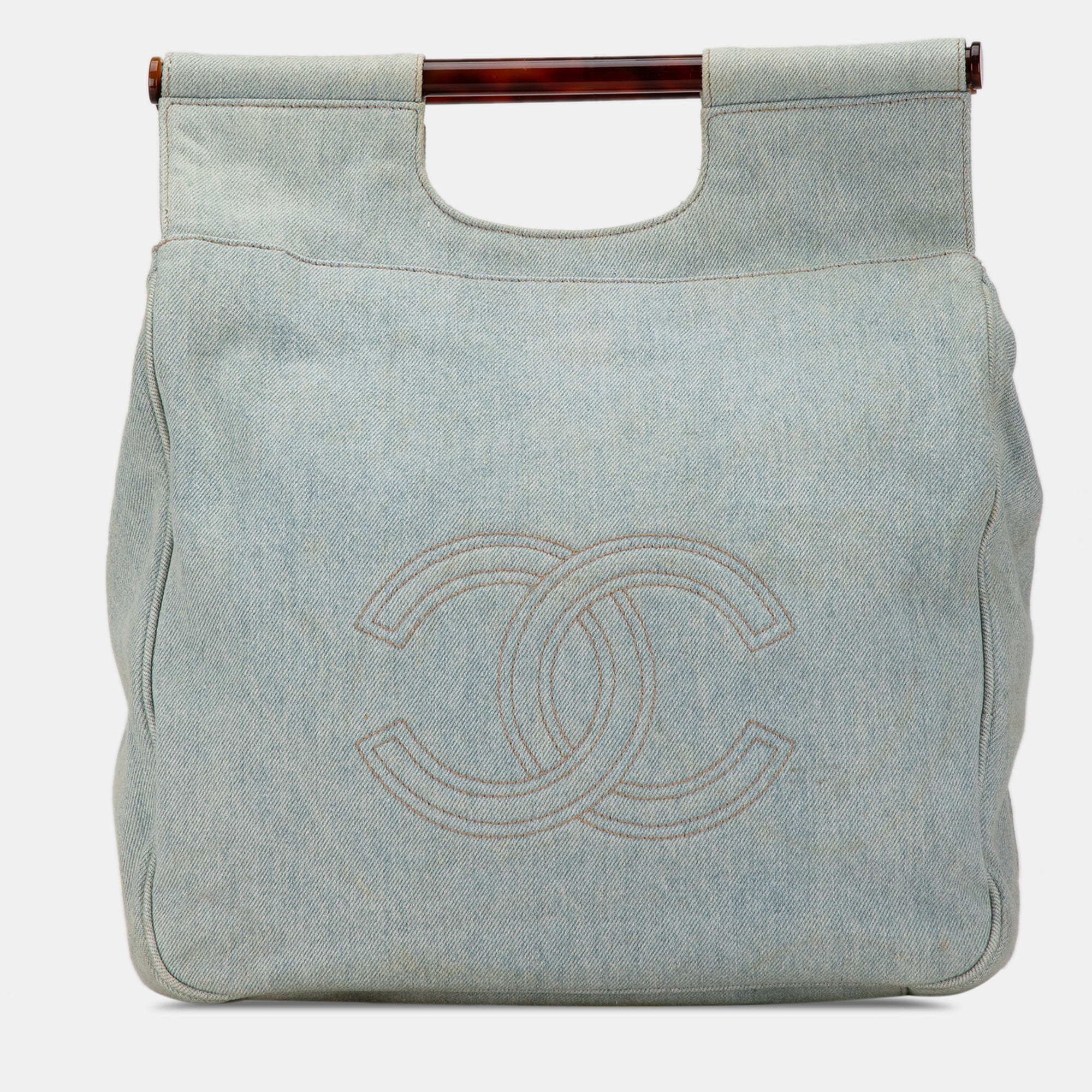 

Chanel Blue CC Denim Tortoise Handle Tote