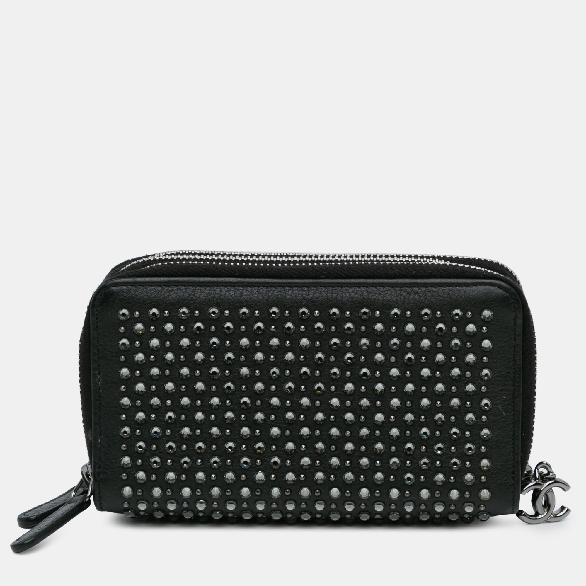 

Chanel Black Bull Leather Studded Zip Wallet