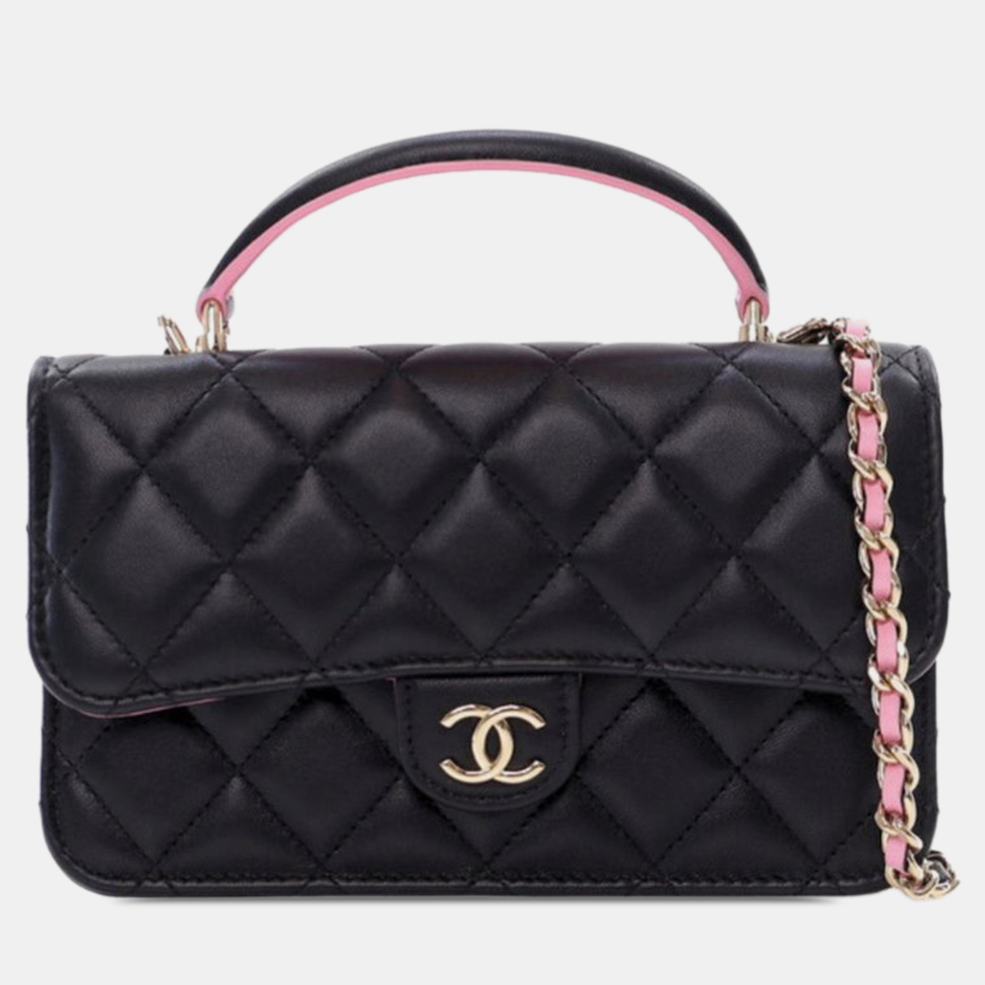 

Chanel Black Bicolor Quilted Lambskin Top Handle Phone Holder with Chain