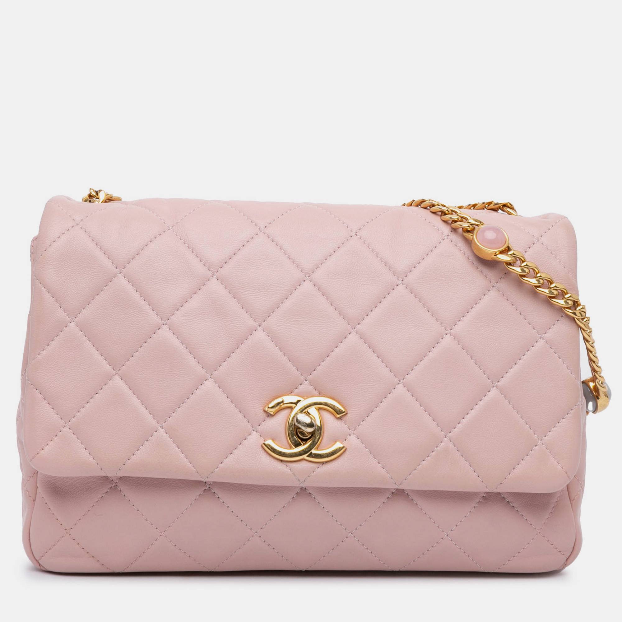 

Chanel Pink Quilted Lambskin CC Embellished Chain Flap Bag