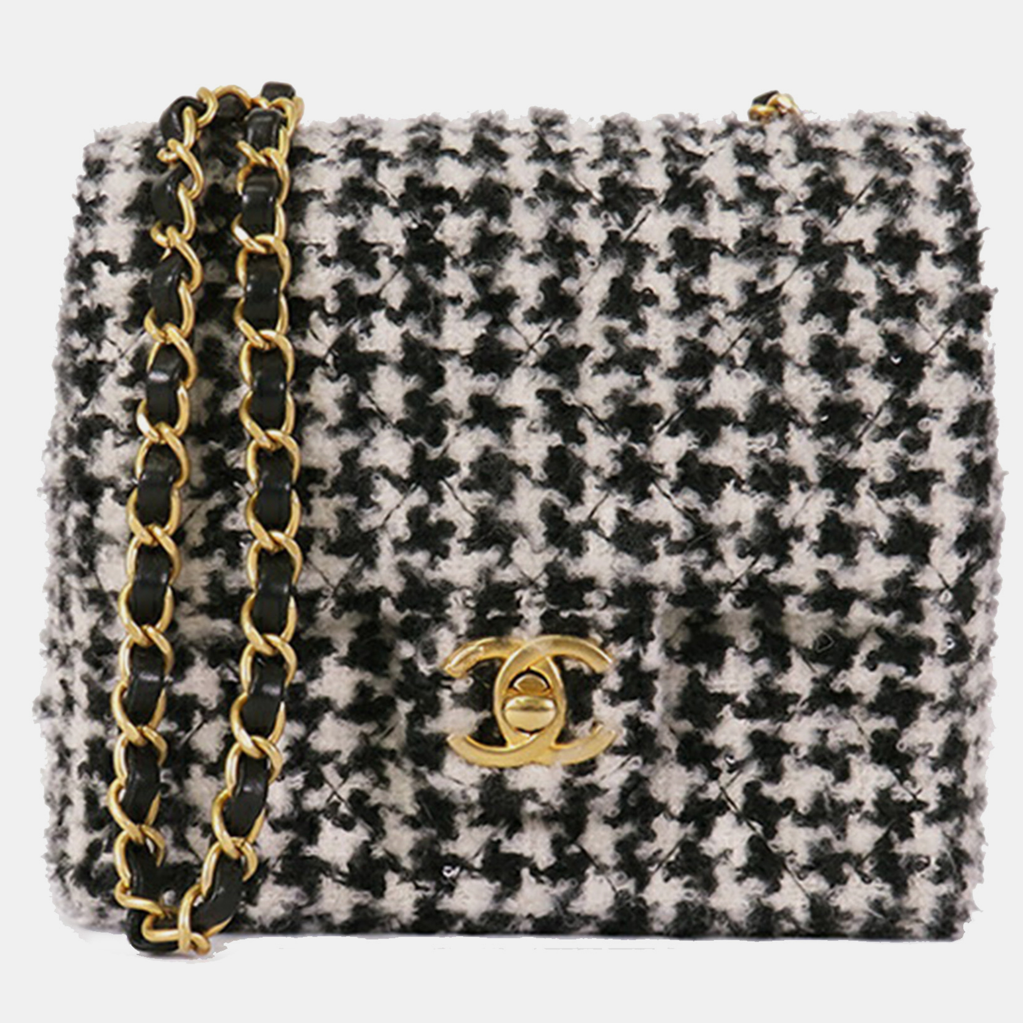 

Chanel Black Mini Square Classic Tweed Houndstooth Single Flap Bag