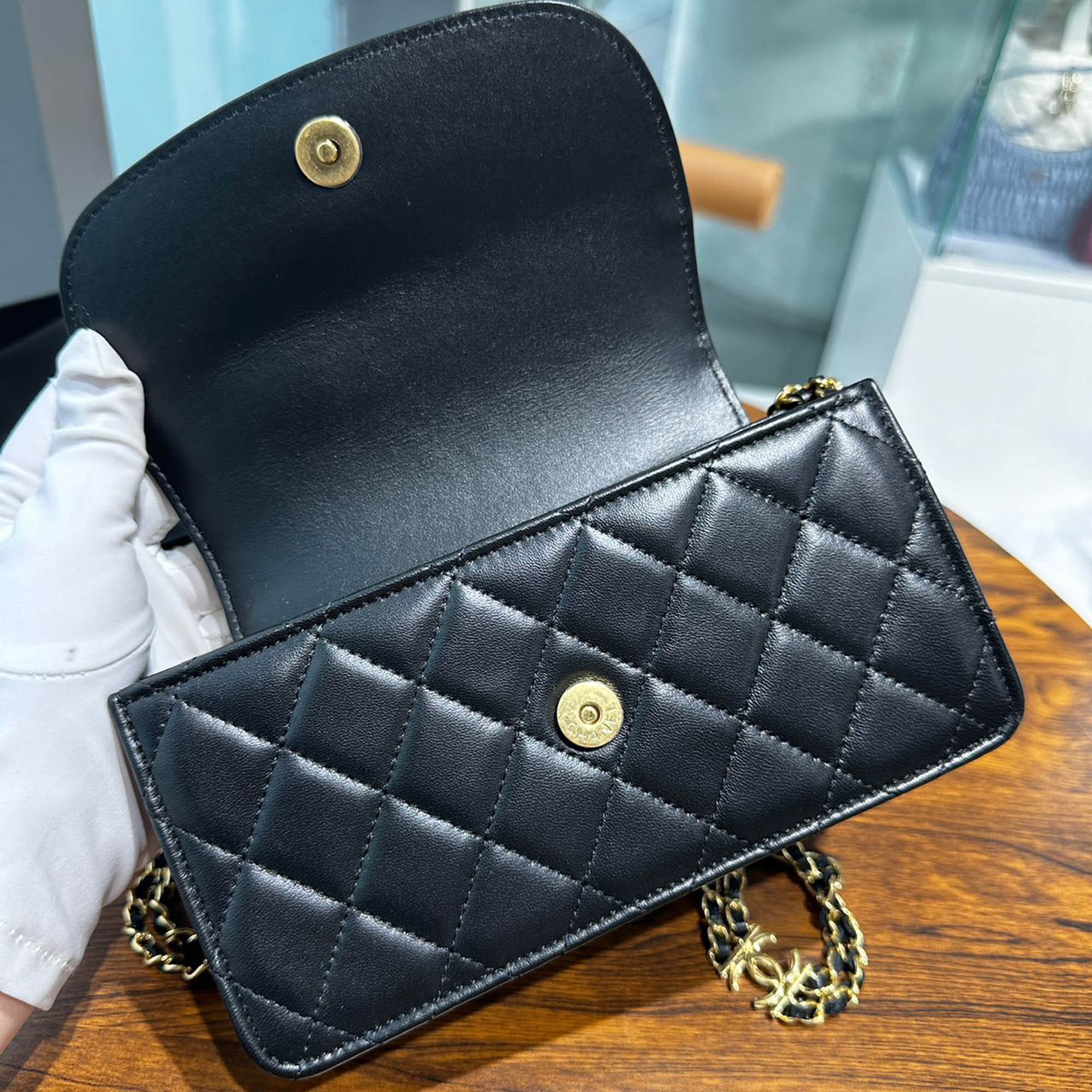 Chanel Black Gold Lambskin Leather Double Chain Large Phone Bag 