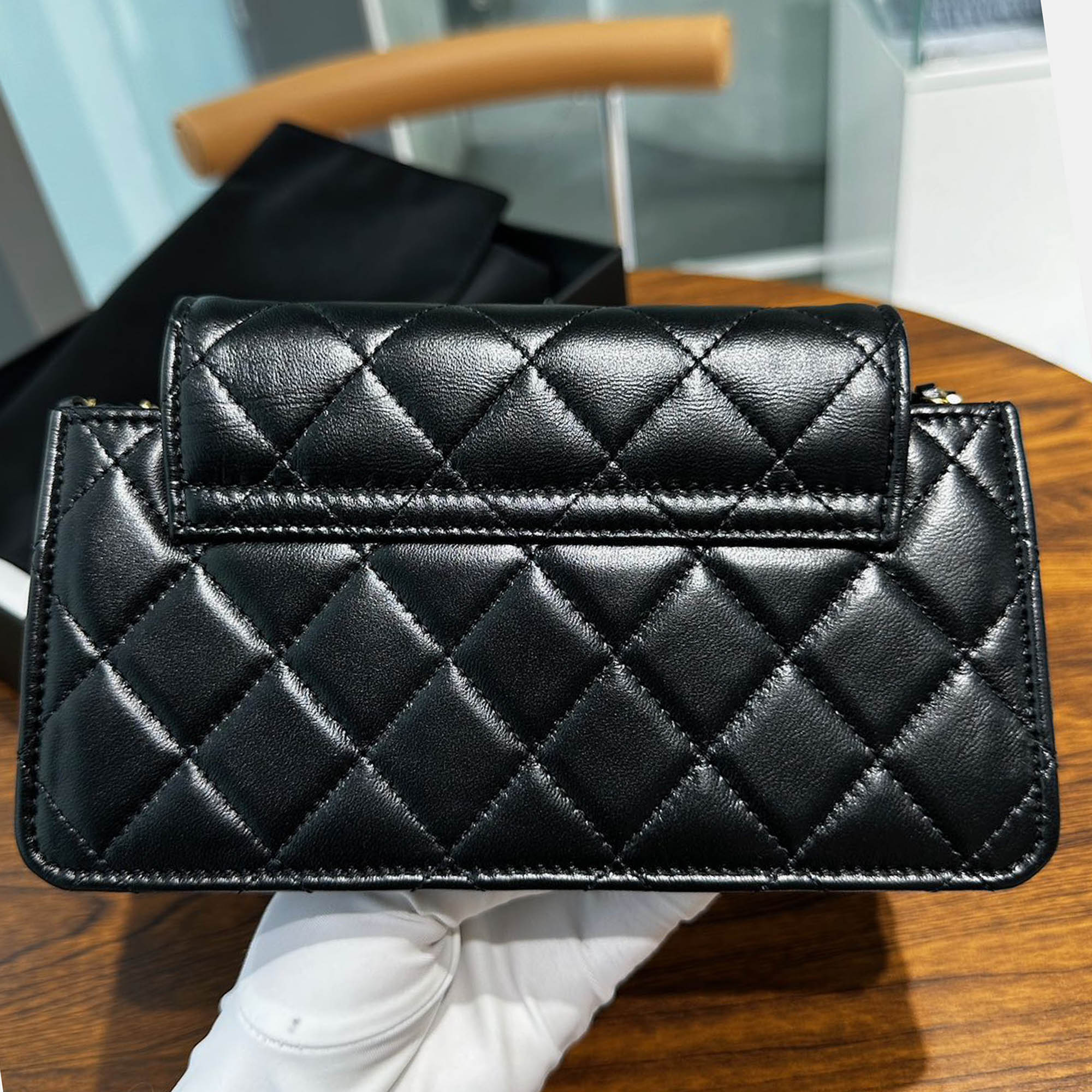 Chanel Black Gold Lambskin Leather Double Chain Large Phone Bag 