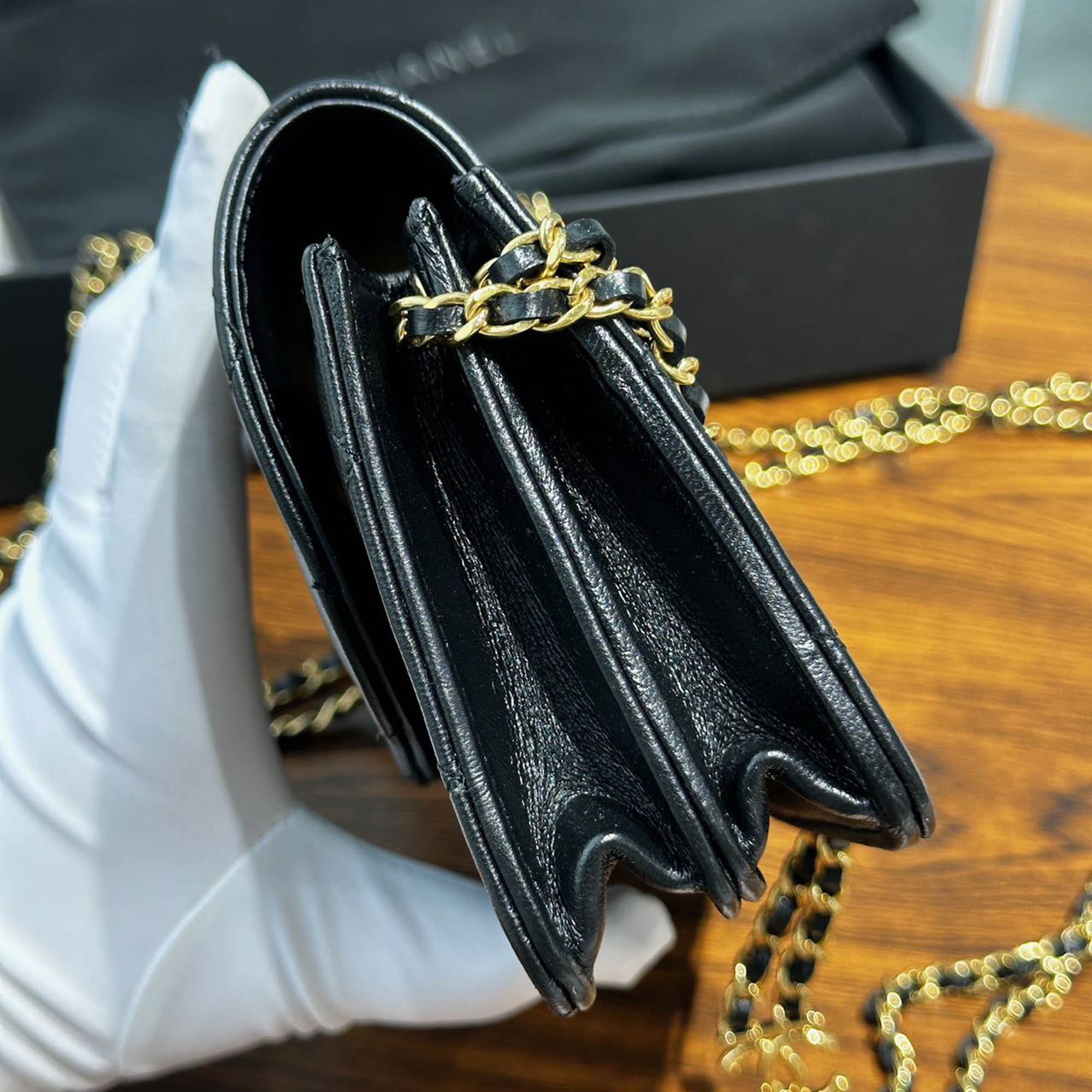 Chanel Black Gold Lambskin Leather Double Chain Large Phone Bag 