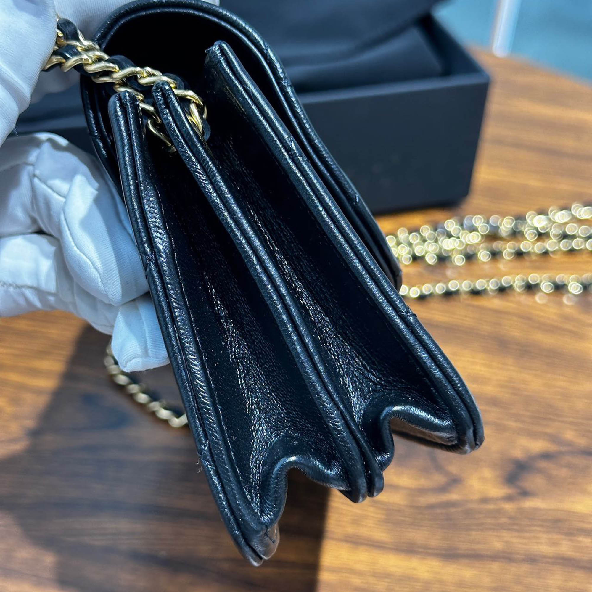 Chanel Black Gold Lambskin Leather Double Chain Large Phone Bag 