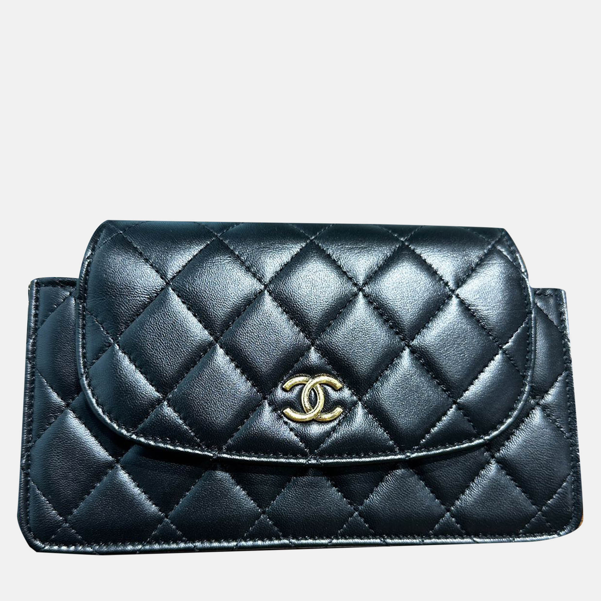 Chanel Black Gold Lambskin Leather Double Chain Large Phone Bag 