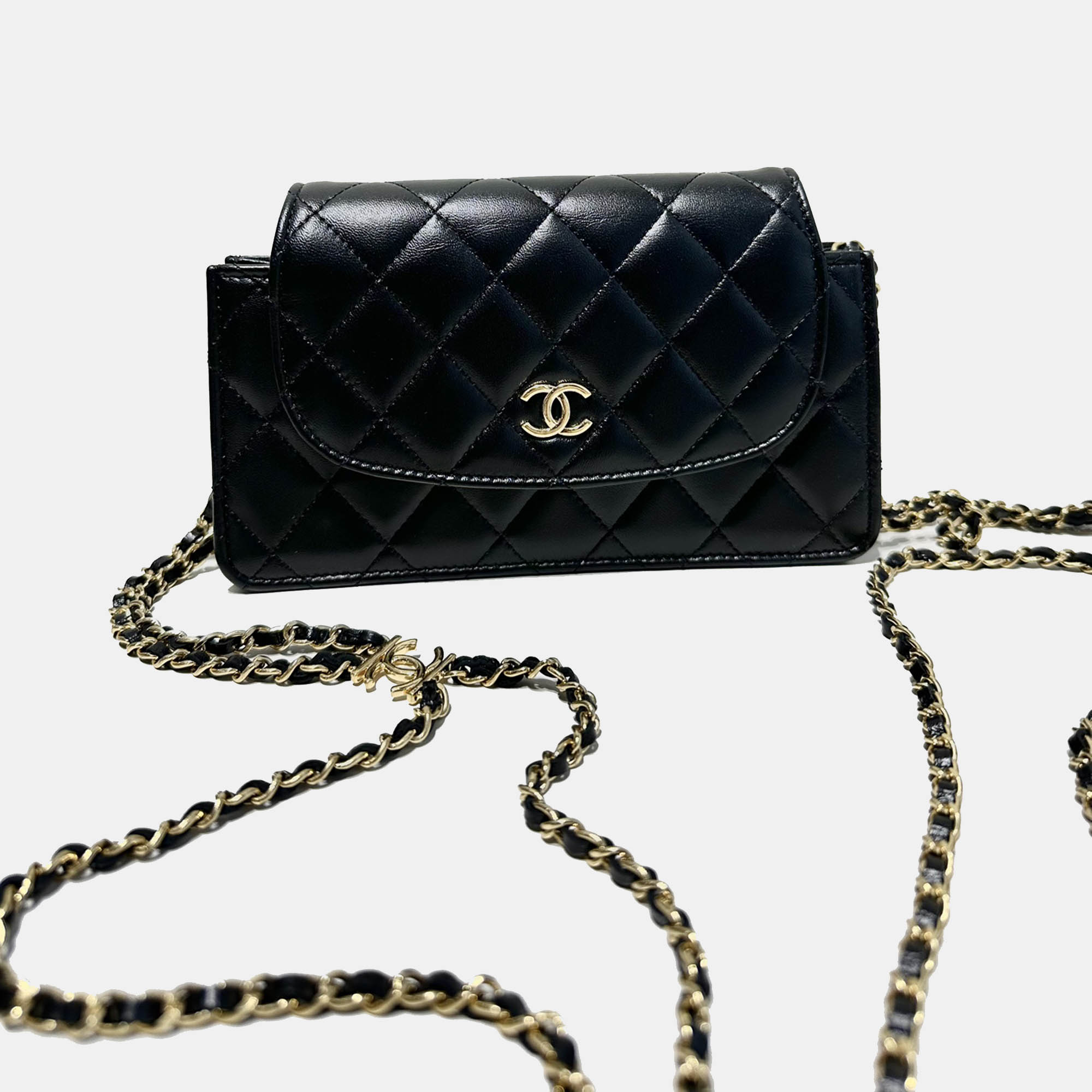 

Chanel Black Gold Lambskin Leather Double Chain Large Phone Bag