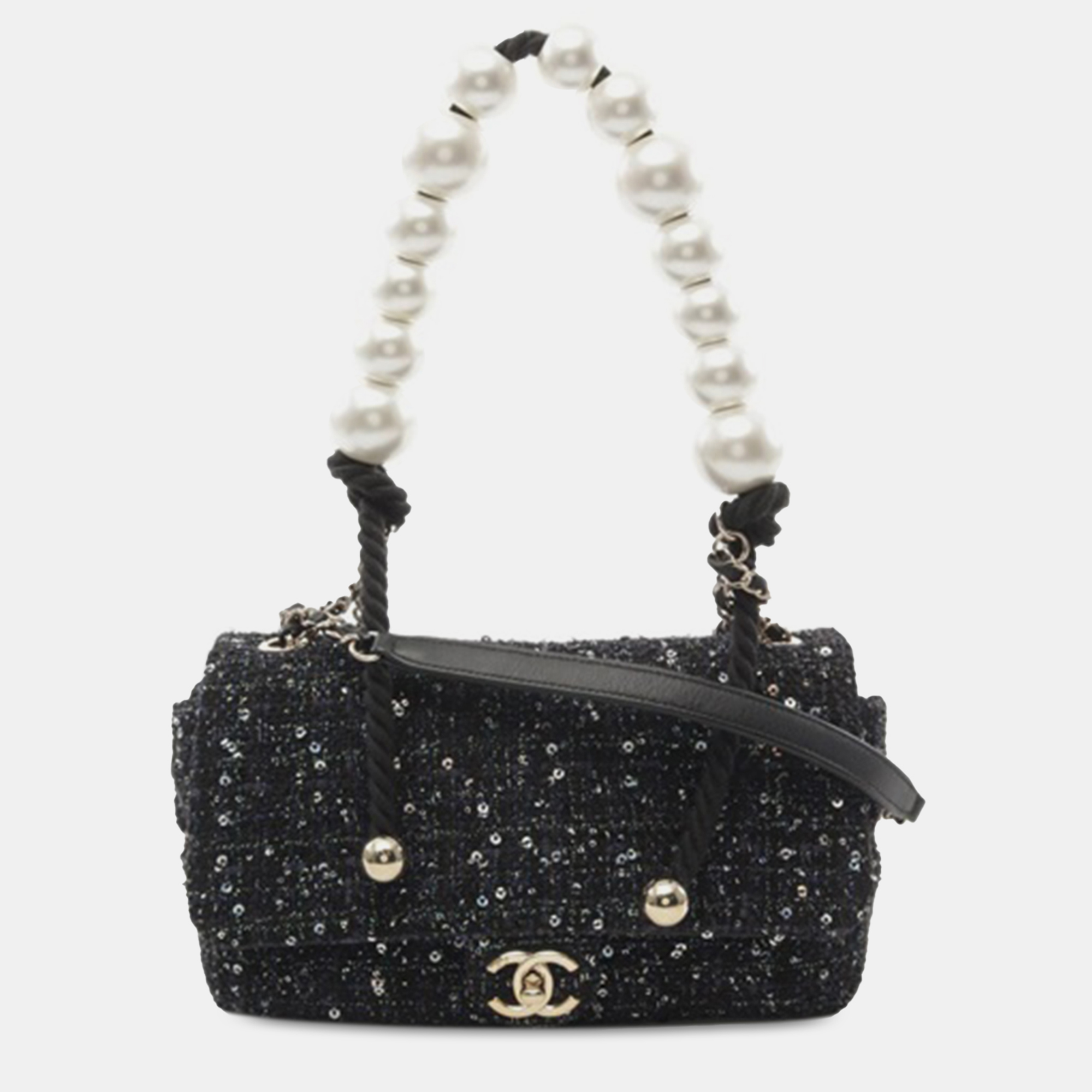 

Chanel Black Medium Tweed Pearl Top Handle Flap