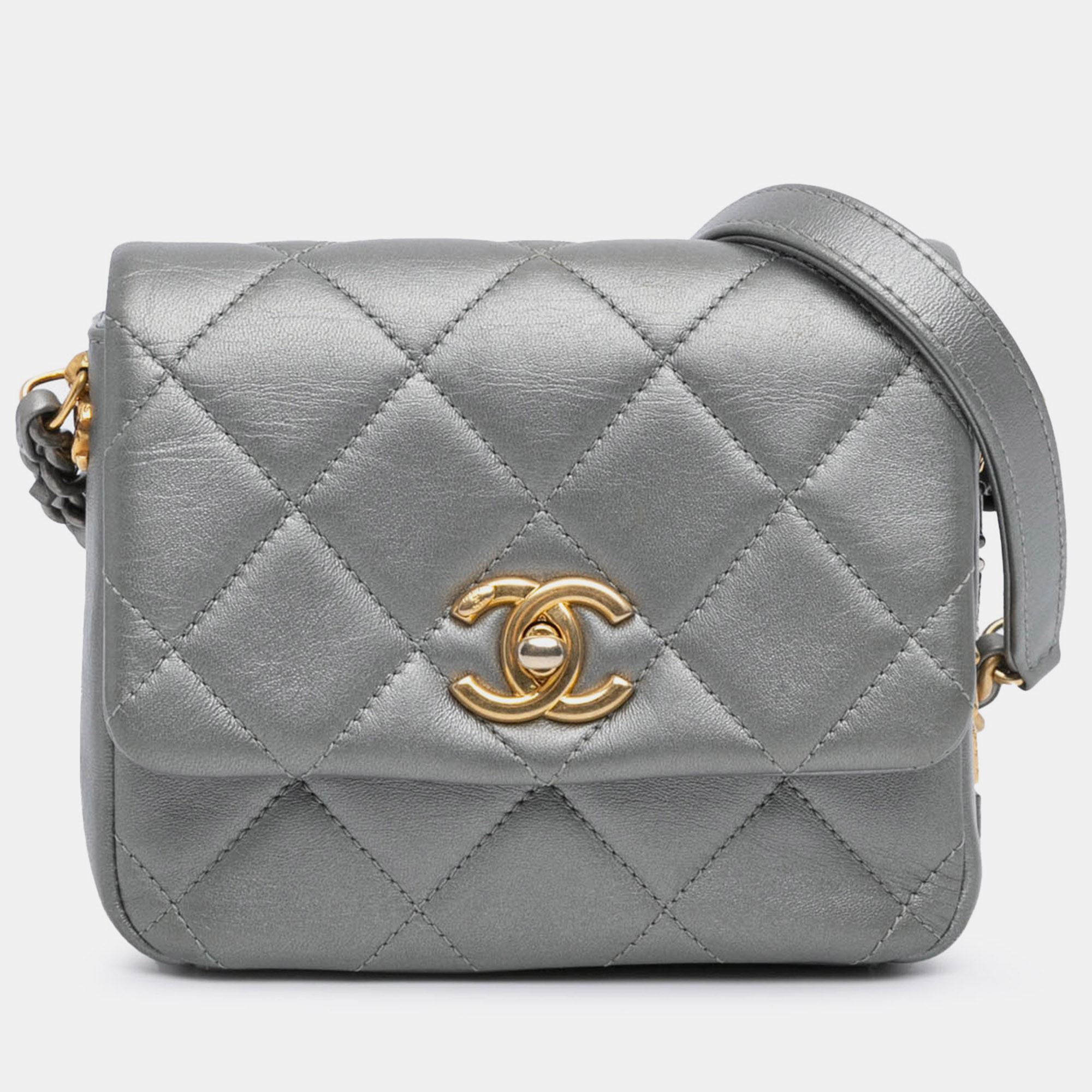 

Chanel Silver Mini Quilted Lambskin Side Note Flap